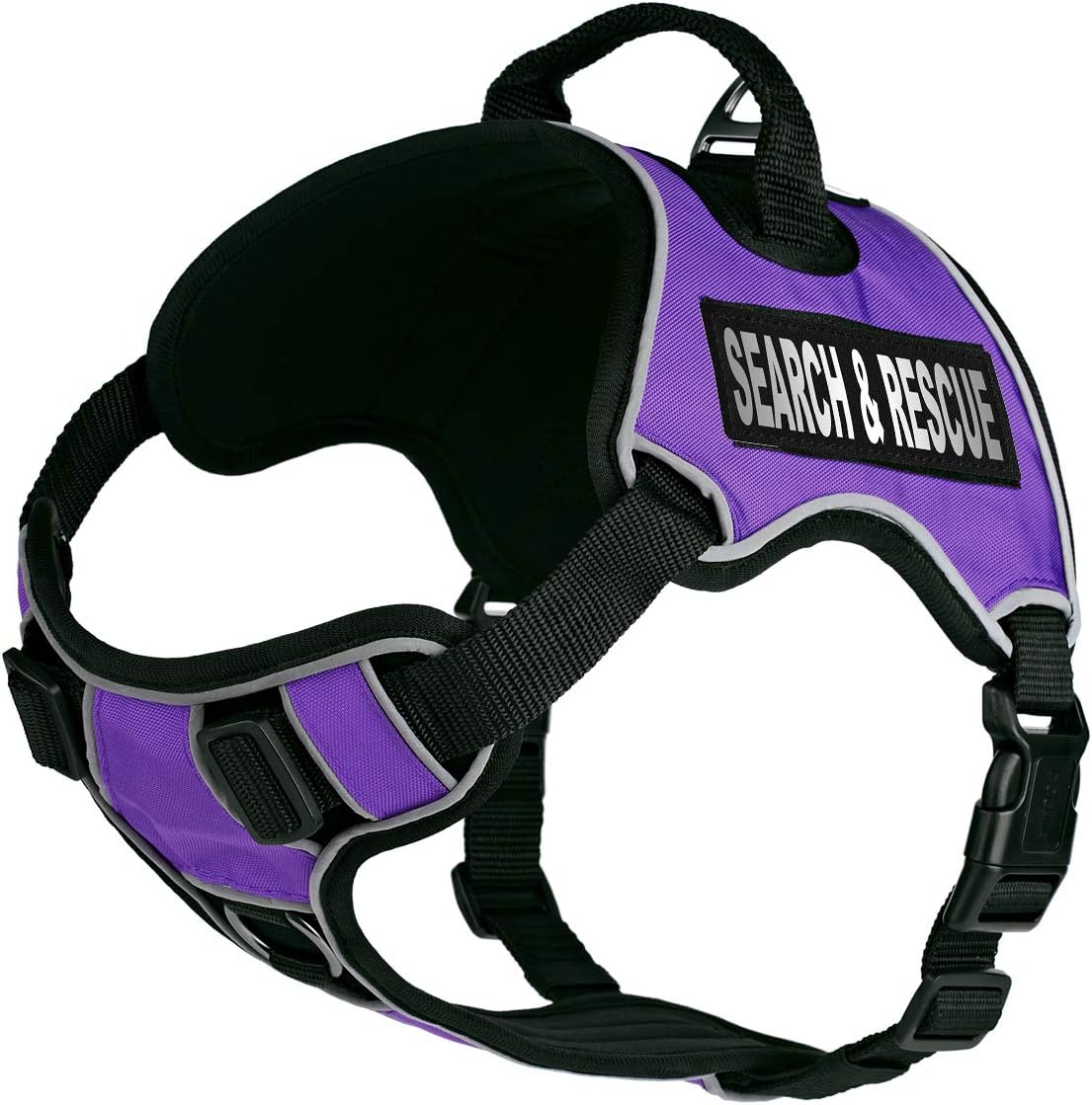Dogline Quest No-Pull Dog Harness with Search & Rescue Reflective Removable Patches Soft Comfortable Dog Vest with Quick Release Dual Buckles Black Hardware and Handle 18 to 22 inches Purple