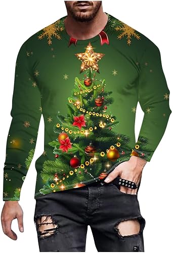 Mens Christmas Sweatshirts Funny Xmas Tree Printed Oversize Sweatshirt Long Sleeve Round Neck Pullover Party Tops