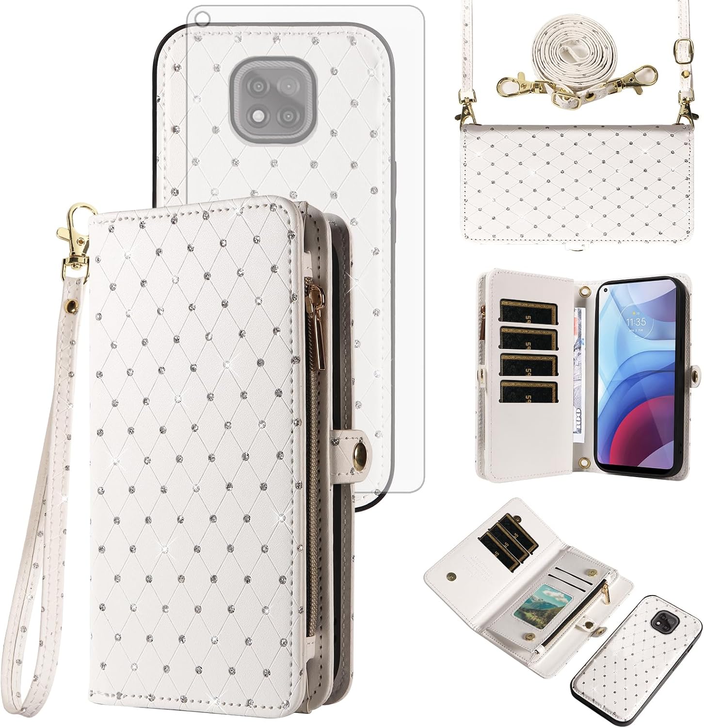 Asuwish Phone Case for Moto G Power 2021 Zipper Wallet Detachable Cell Cover with Tempered Glass Screen Protector Strap Glitter Flip Card Holder Slot Motorola GPower 21 5G Version XT2117-4 Women White