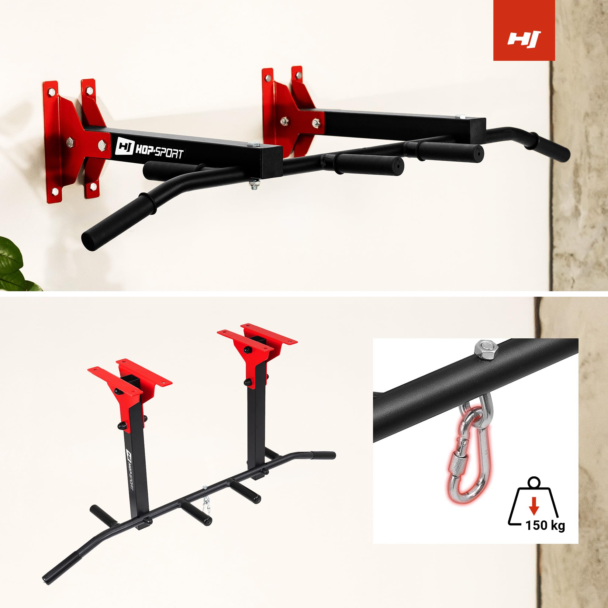 Hop-Sport Multigriff Klimmzugstange für Wand HS-2002K - Profi Fitness Pull Up Bar für zuhause mit vielen Griffvariationen
