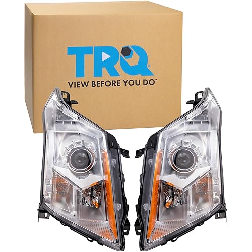 TRQ Driver and Passenger Side Headlight Assembly Set Compatible with 10-16 Cadillac SRX Halogen Only