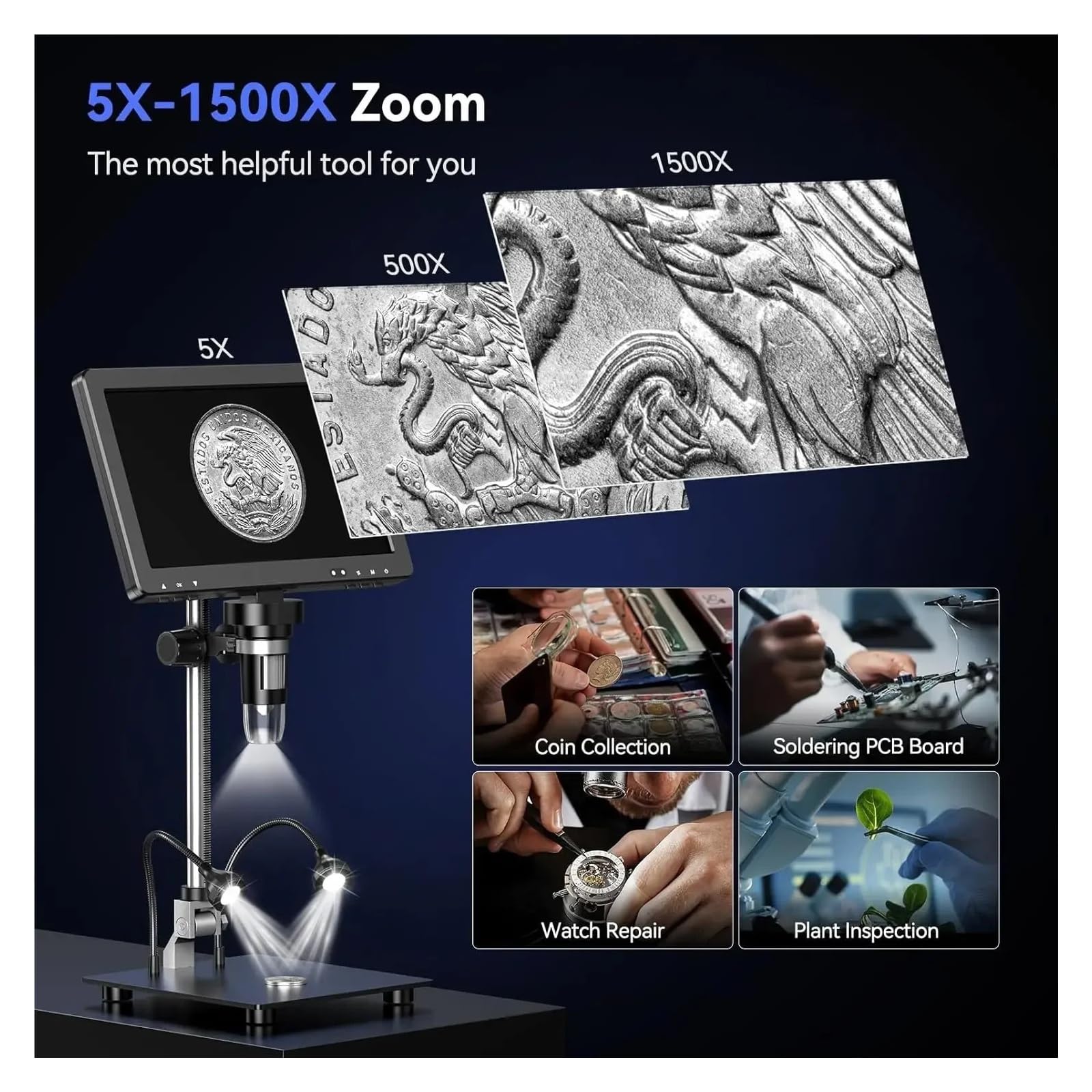 Mikroskop, Mikroskop cyfrowy 1500X 0,1" HD IPS 20MP monetowy do lutowania