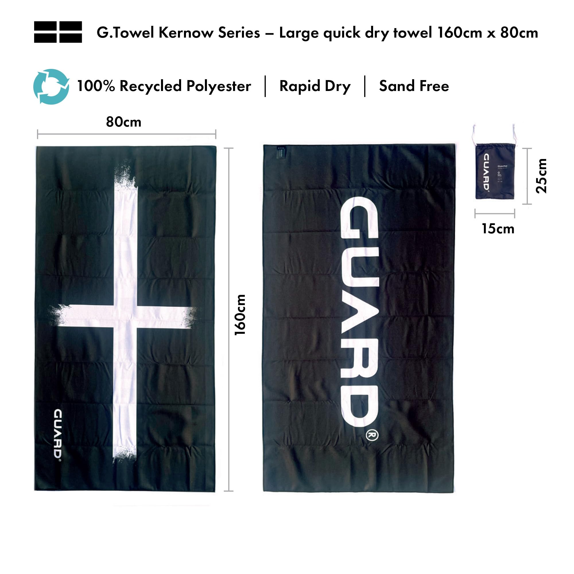 GUARD® KERNOW G.TOWEL grande telo mare in microfibra senza sabbia, 100% poliestere riciclato, ad asciugatura rapida, super assorbente, leggero asciugamano da viaggio per surf, nuoto, spiaggia