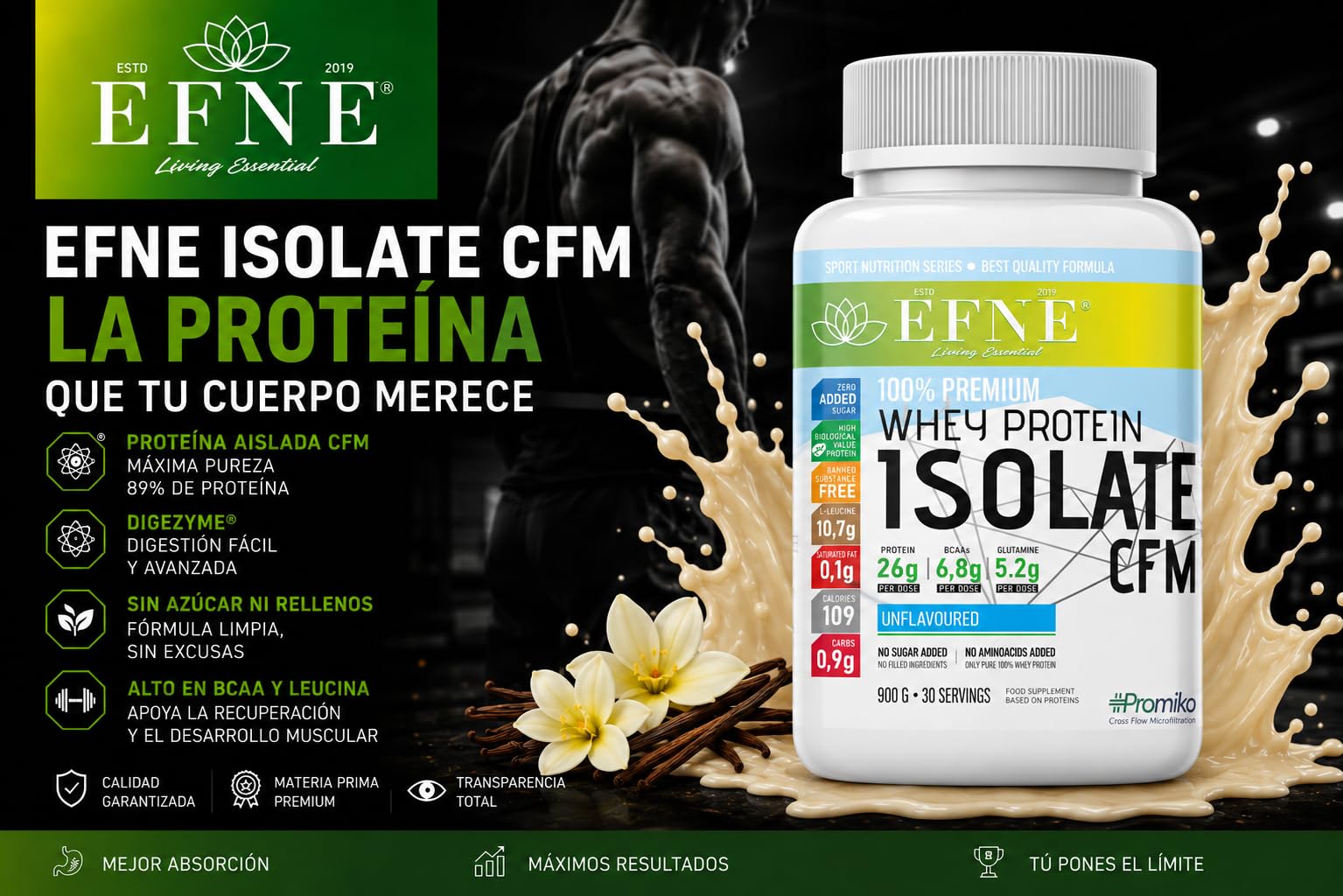 EFNE Isolate CFM Whey Proteína Neutra 900 g | Proteína Aislada de Suero de Leche CFM con DigeZyme® | 89% Proteína | Sin Azúcar Añadido | Glanbia Promiko® | Preparado Alimenticio