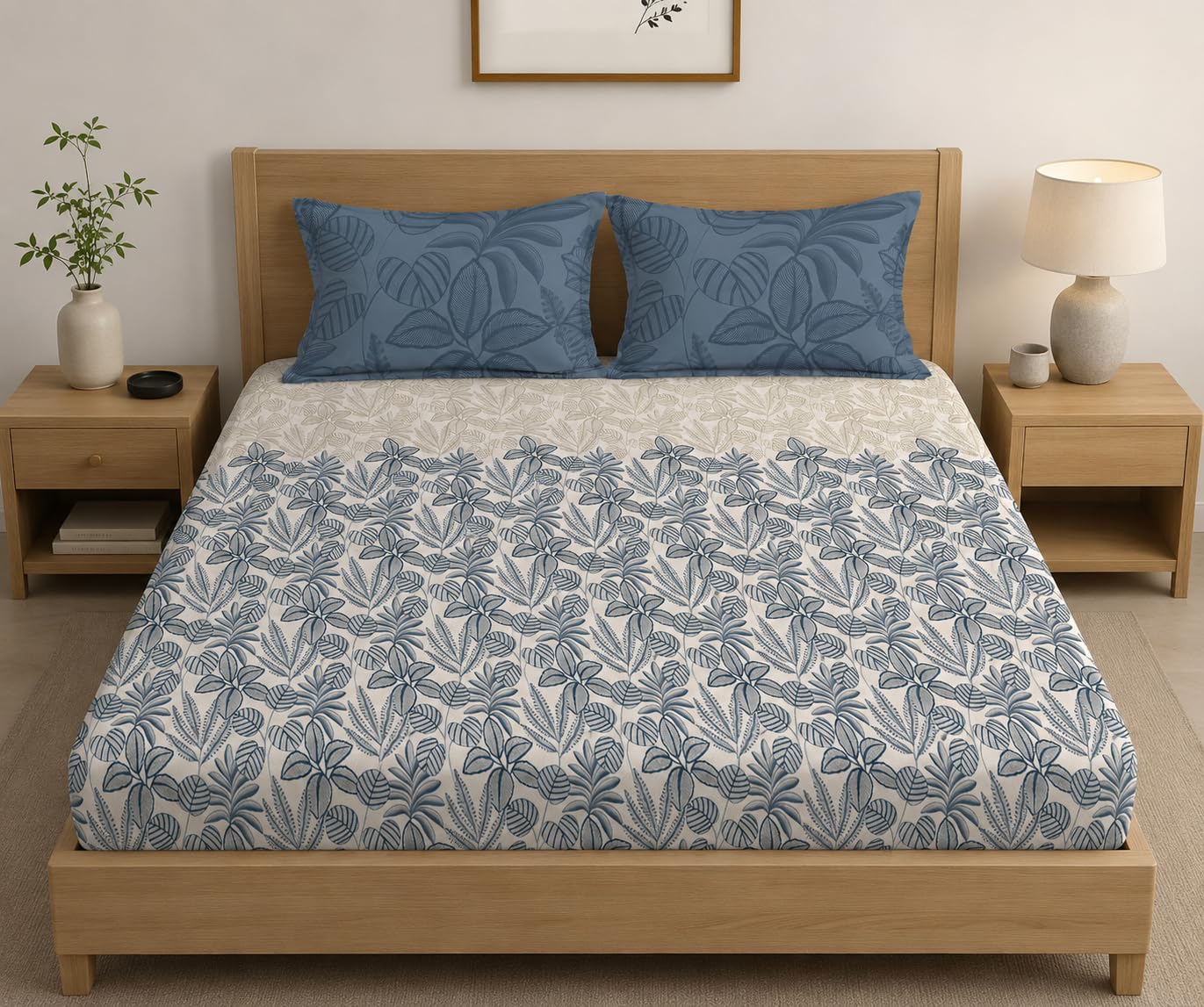 LOOMLYFE 300 TC Microfiber XXL Soft Cotton Super King Size Printed Bedsheet For Double Bed, 108 Inches X 108 Inches, 9 Feet, 275 X 275 Cm With 2 Large Size Pillow Covers - Bluecocunut