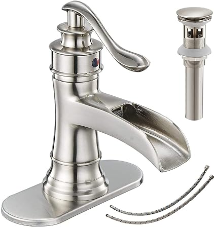 Bathfinesse Waterfall Bathroom Faucet Brushed Nickel Commercial Single Handle One Hole Deck Mount Matching Pop Up Drain With Overflow