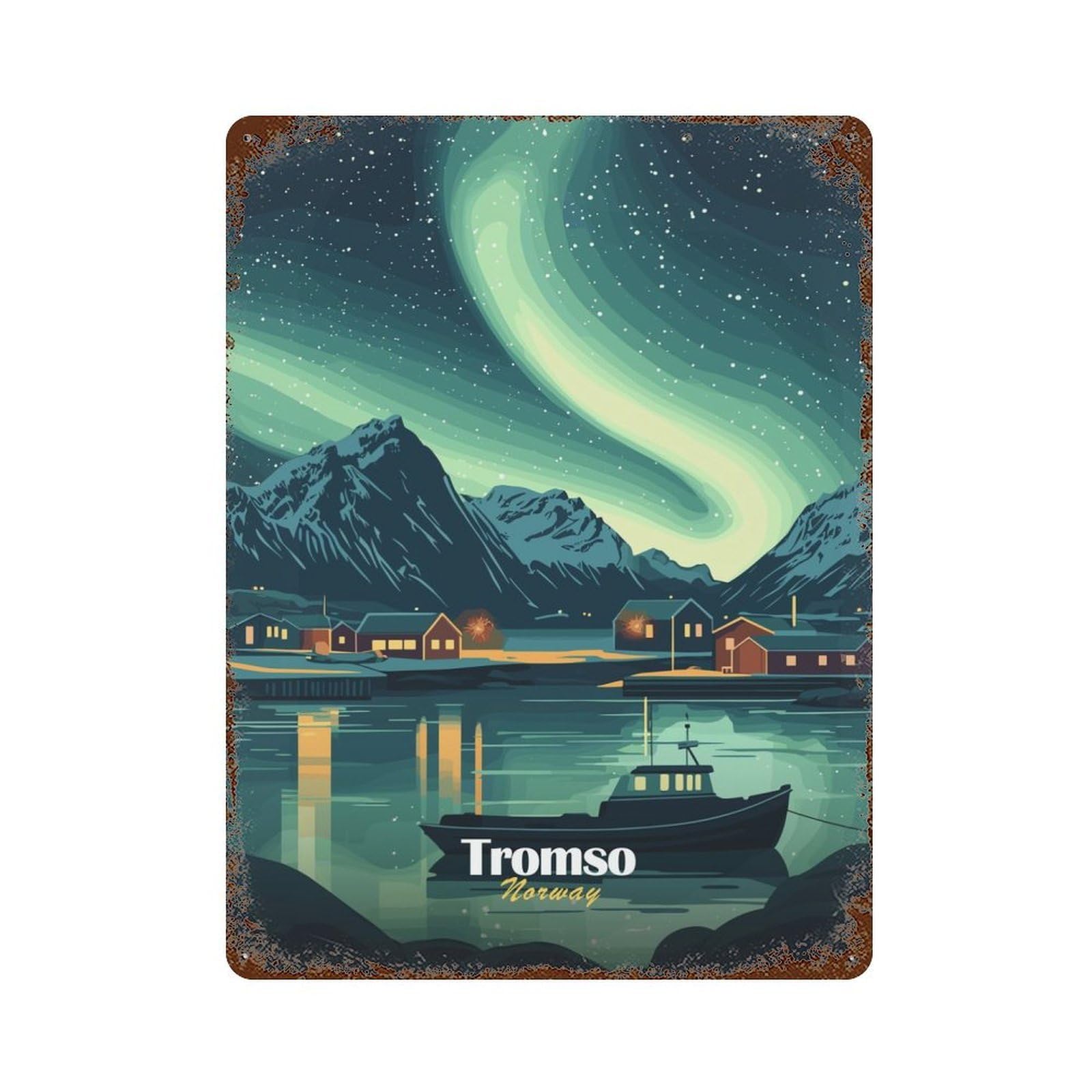 Tromso, Norway Aurora Borealis Rustic Tin Plaque 15.7"x11.8", Ideal for Cafe, Home Bar And Lounge Decor
