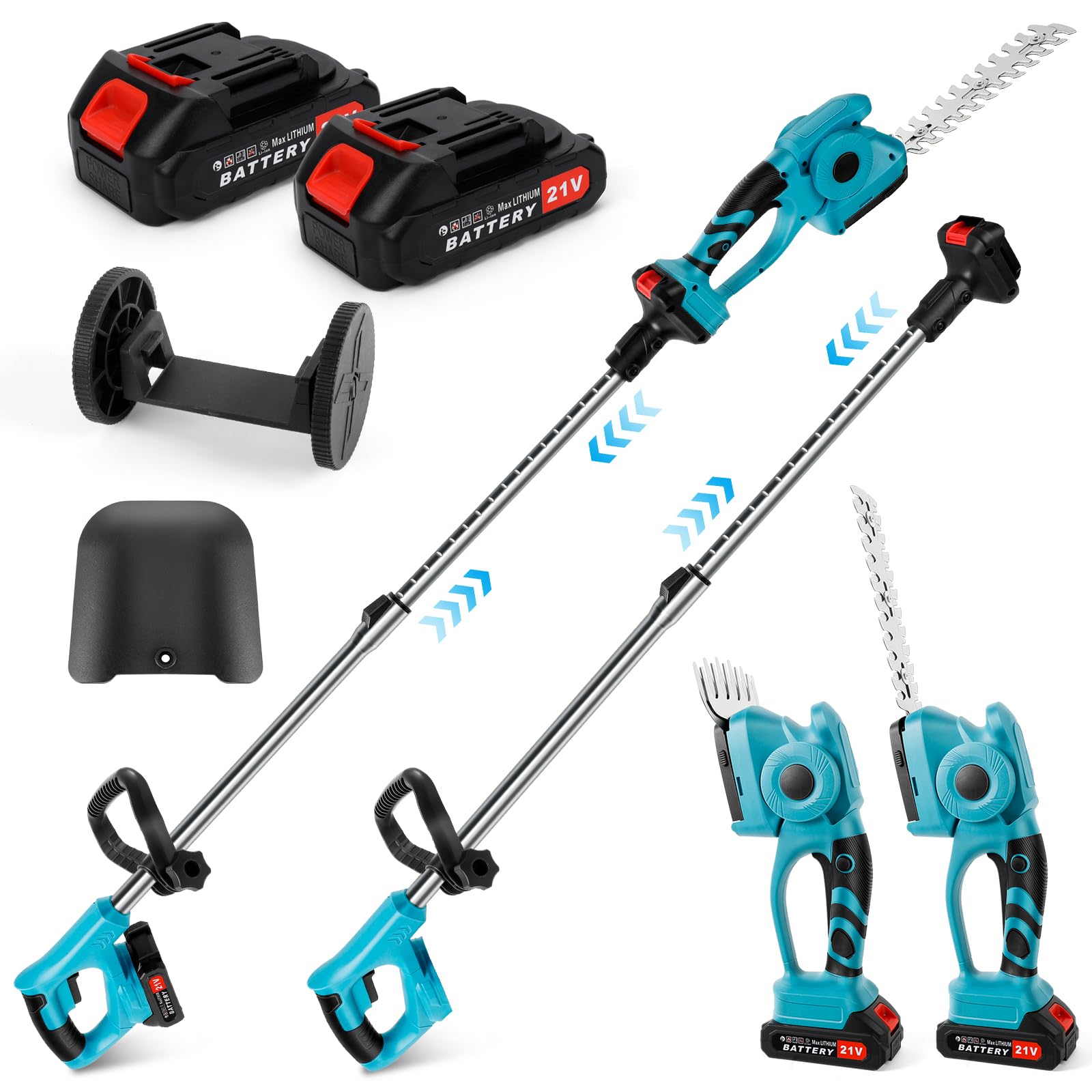 3 en 1 Cortasetos telescópicos con 2 x 2000mAh Baterías, Arbustos Cortacésped y Cortasetos, Longitud de Cuchilla 220 mm y 130 mm, Cabezal Ajustable 90° para Podar Setos y Arbustos