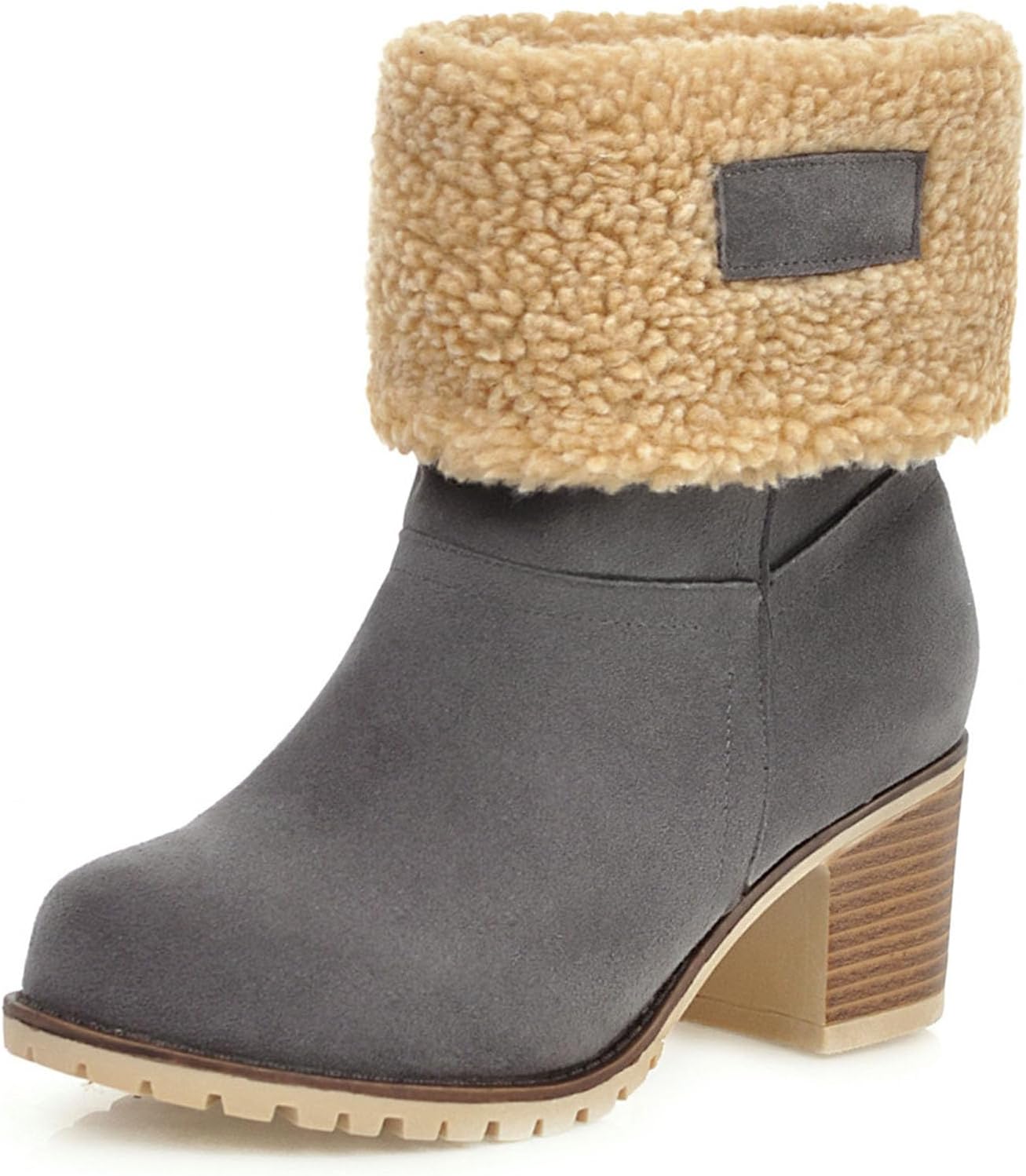 Bellirala Women's Winter Warm Snow Boots Fold Over Fur Ankle Boots Chunky Block Heels Mid-Calf Boots Platform Furry Short Boots