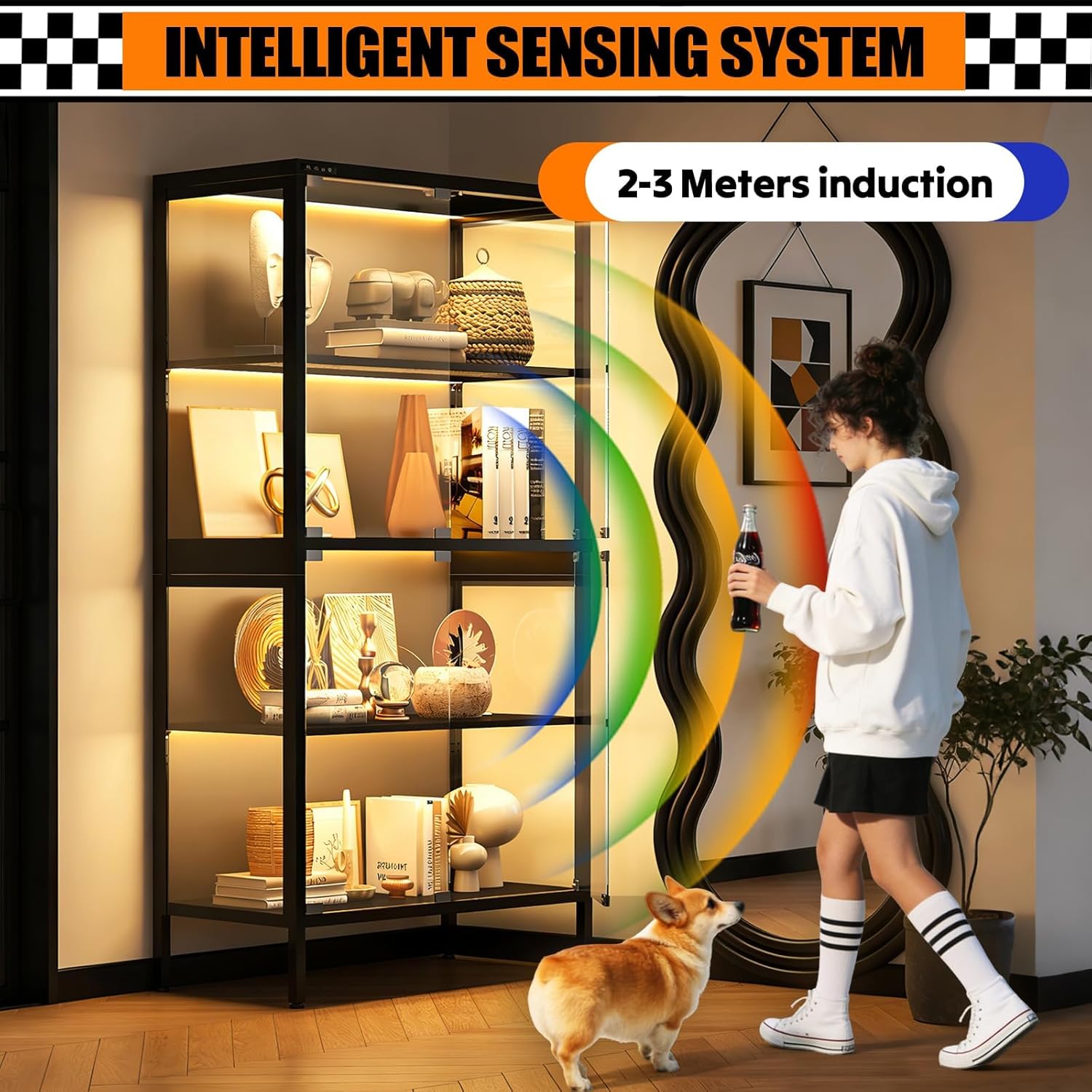 4-Tier Display Cabinet with Glass Doors, Curio Cabinet with 5 Color Lights, Adjustable Display Case, Glass Display Cabinet with Human Body Sensor, Display Cases for Collectibles, Lego, 65"H*32"W*16"D