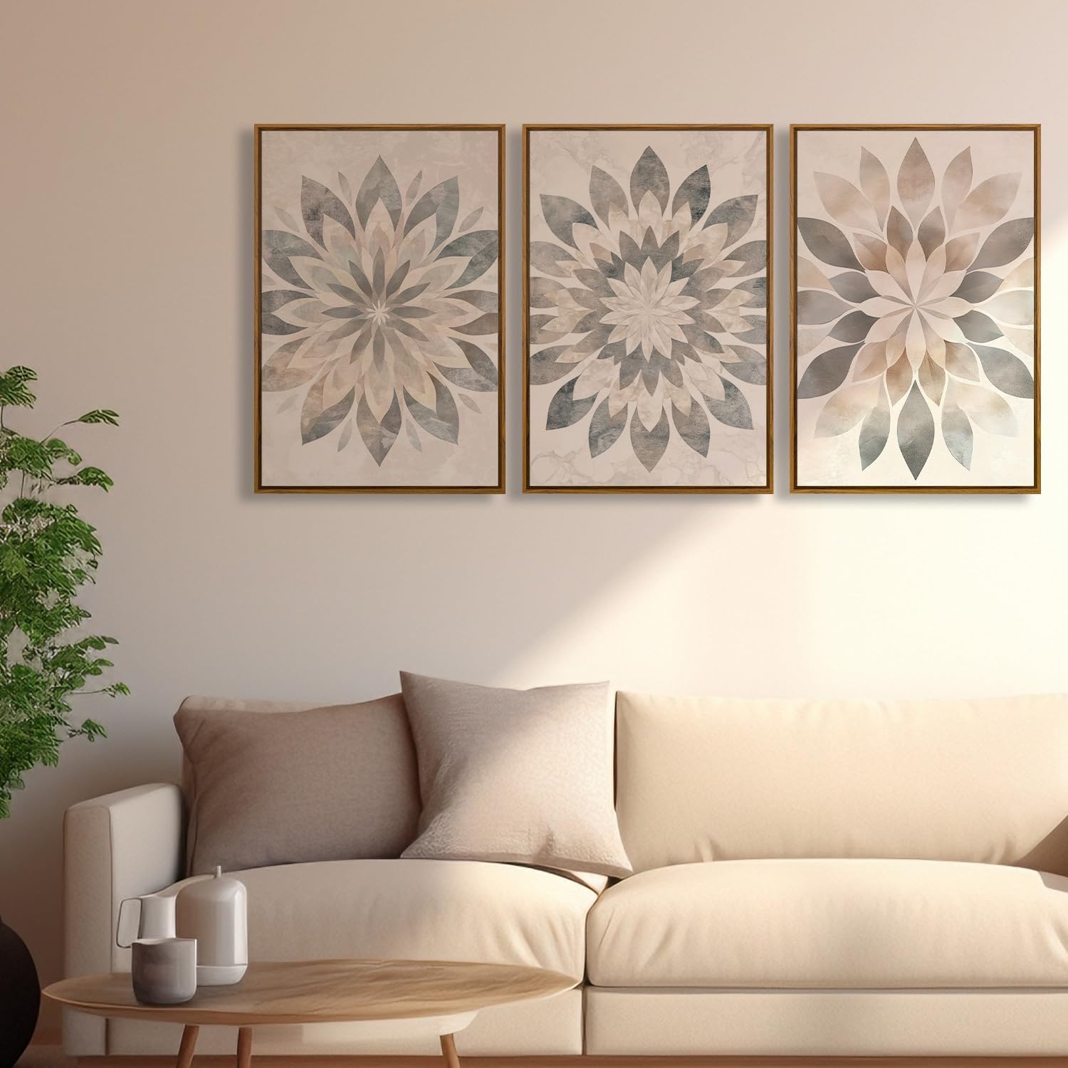 QTUSYUR Boho Mandala Wall Art - Large Farmed Neutral Minimalist Art Print - Farmhouse Floral Canvas Artwork for Bedroom and Living Room- Modern Elegant Flower Wall Pictures for Home Decor 16”×24”×3