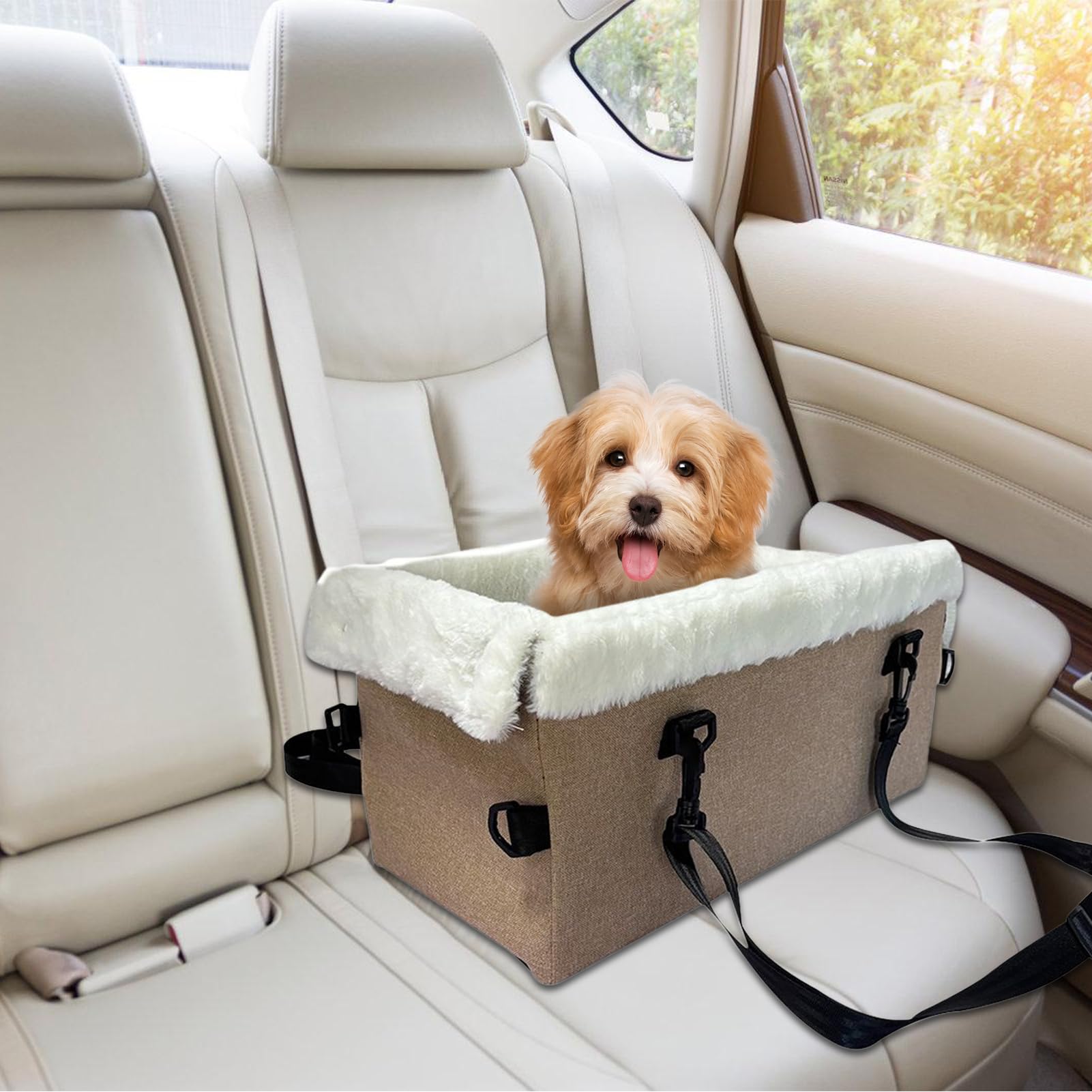 Asiento de Coche Consola canino Transportín Cama para Cachorros y Gatos | Hebilla De Seguridad Asiento Perro Consola Central Accesorio Viaje Coche Interior Exterior y Golf