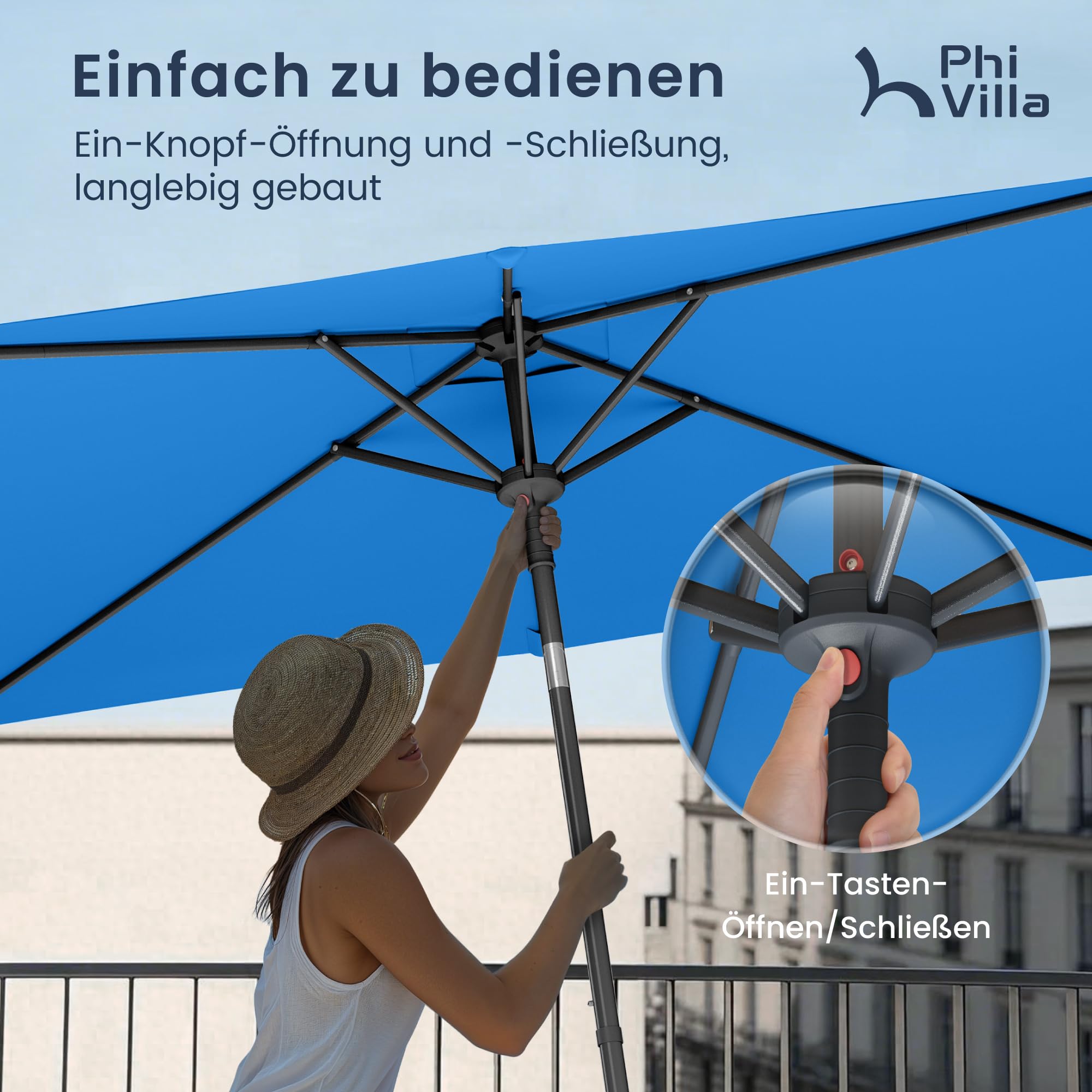 PHI VILLA 210x140x220cm Sonnenschirm Eckig mit Klemme, Gartenschirm Kippbar Windfest Stabil zum Mitnehmen, UV50+ Schutz für Balkon Terrasse Balkongeländer Tisch