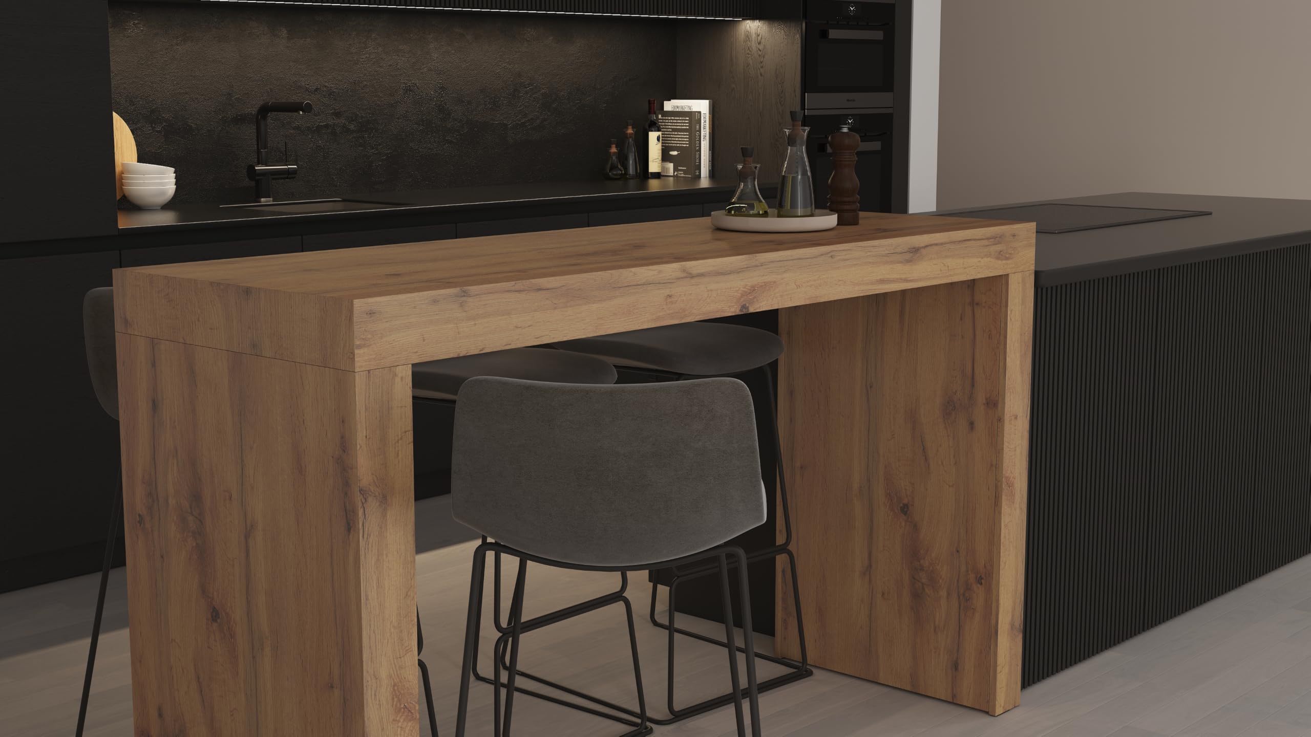 Mobili Fiver, Tavolo Alto Evolution 180x60, Nero Frassino, Tavolo Penisola Cucina per 6 persone, Made in Italy