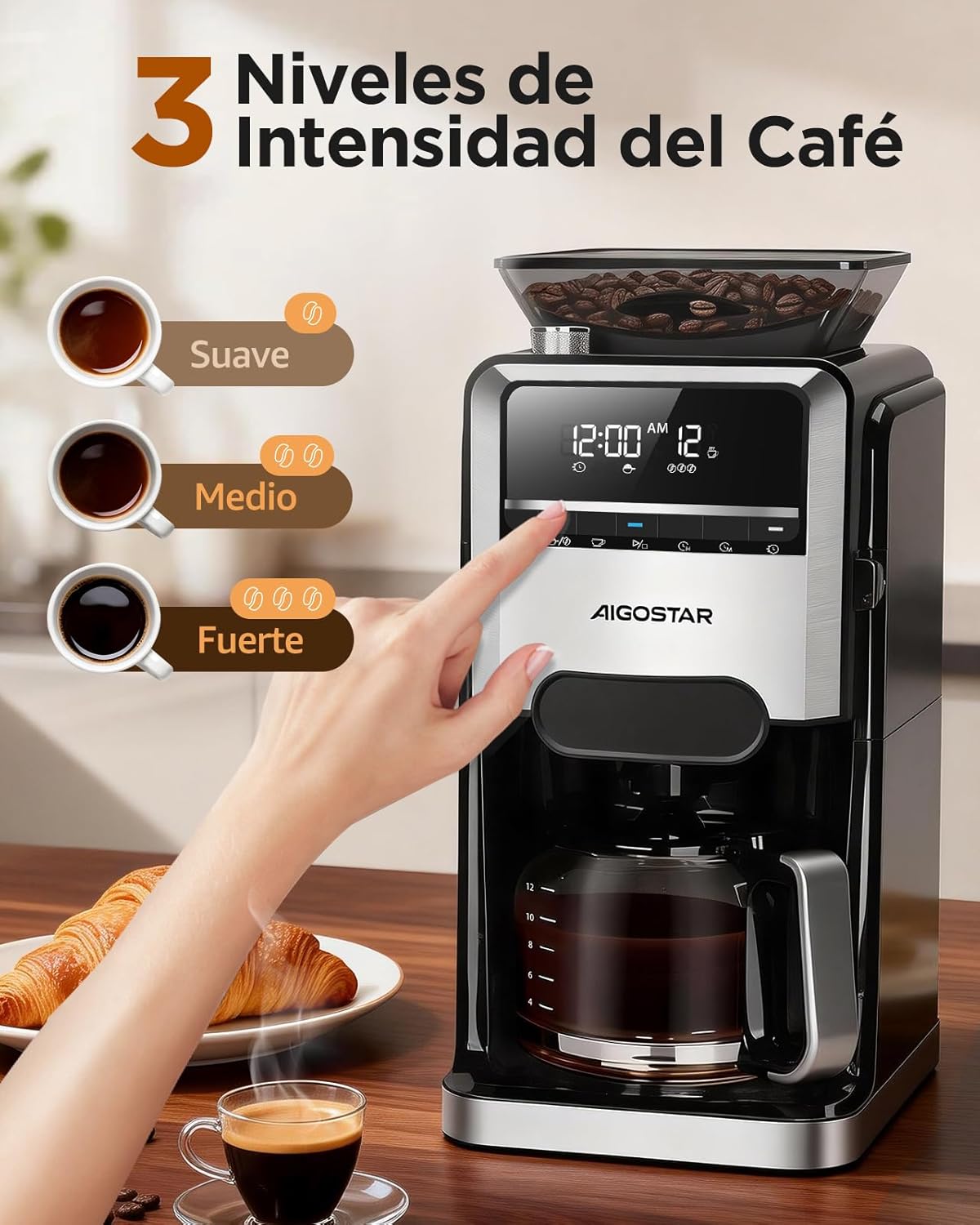 A hand selecting coffee intensity on the machine's control panel, with cups showing different strengths.