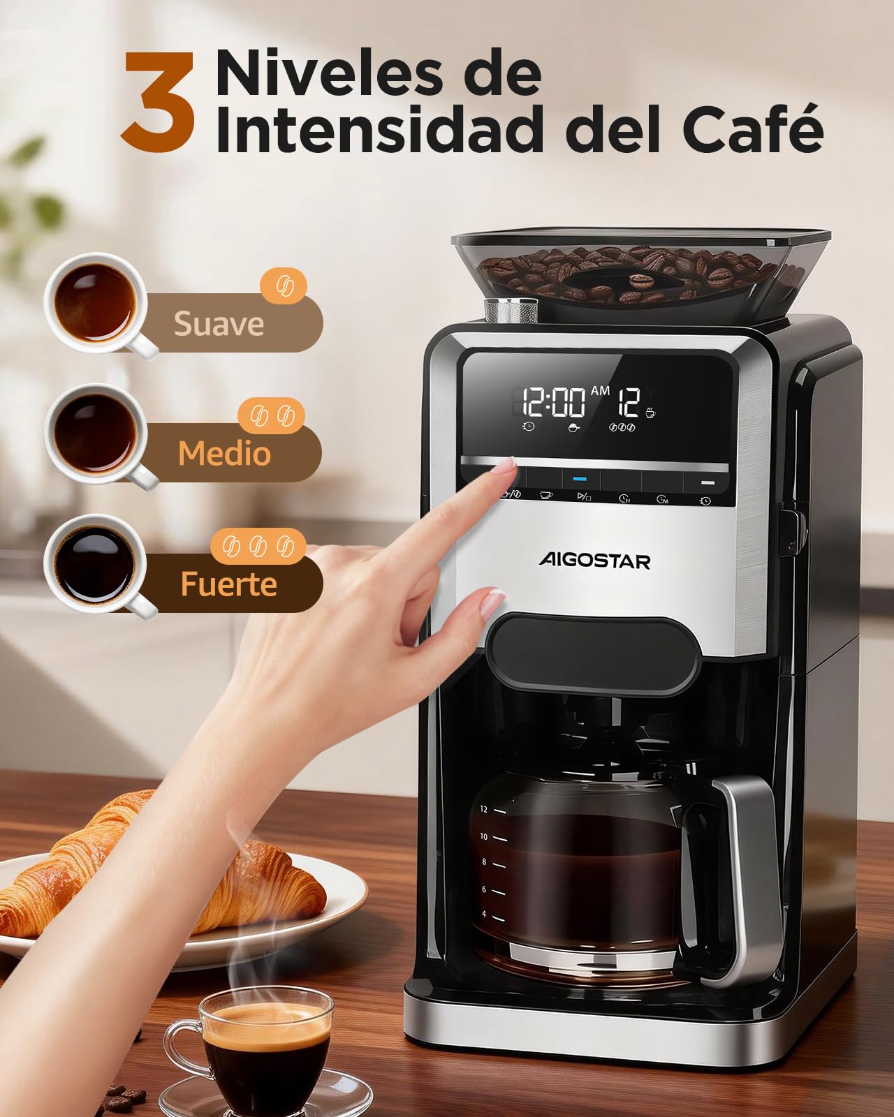 Aigostar Cafetera Goteo con Molinillo Incorporado, 7 Ajustes de Molienda | 1,5L (2-12 Tazas), 1400W Maquina de Cafe, 3 Concentraciones, Programable 24H con Mantenimiento de Calor, Negro