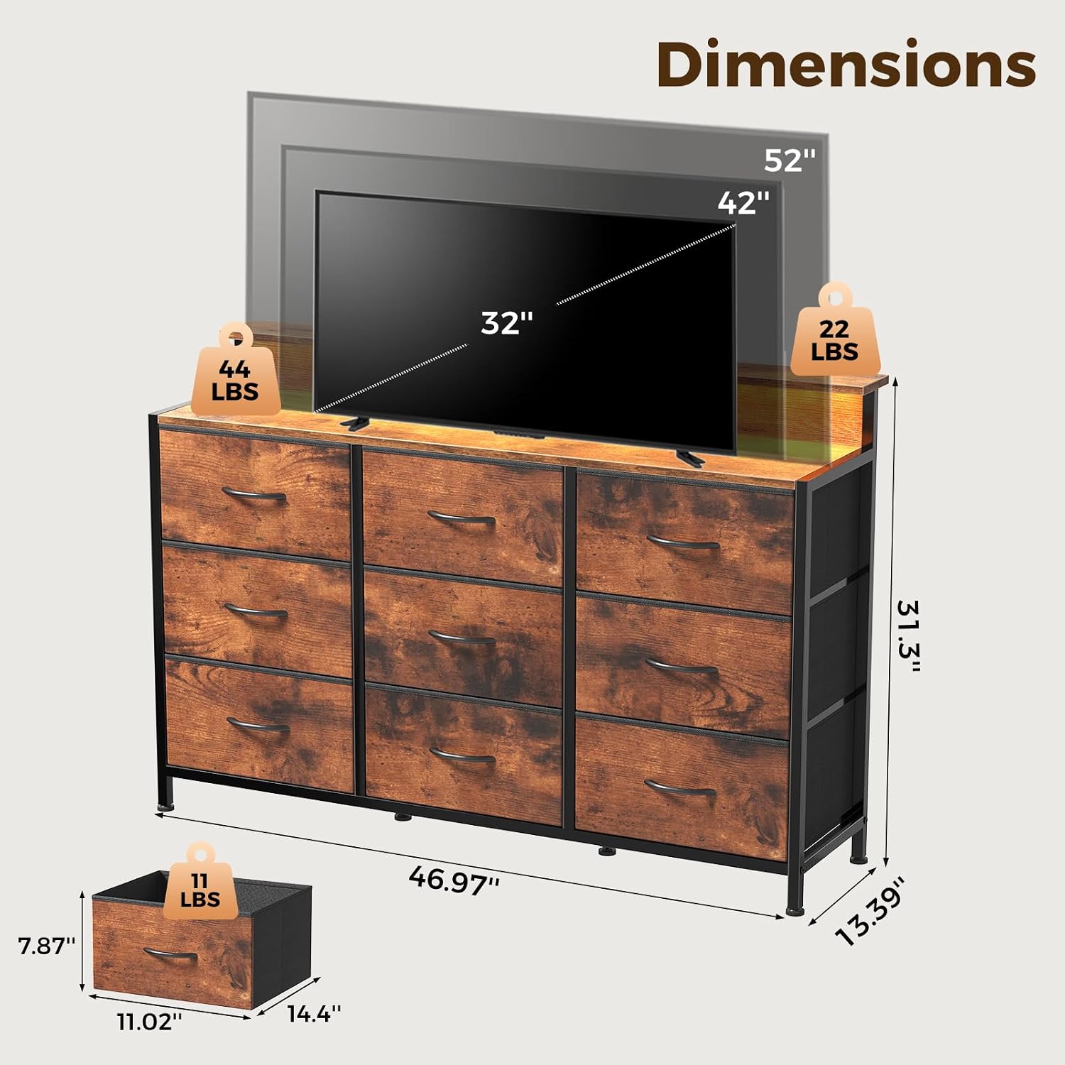 LED Dresser for Bedroom with Charging Station, 9 Fabric Drawer Media Console with Smart RGB Light, Entertainment Center TV Stand for 55 Inch TV, Tank