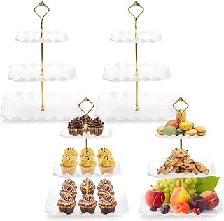DEAYOU 4 Pack 3 Tier Plastic Cupcake Stand, White Square Dessert Tiered Serving Stand, Cake Pastry Display Tower Tray Platter Holder for Buffet, Cookie, Fruit, Table Decor, Party, Wedding, Birthday