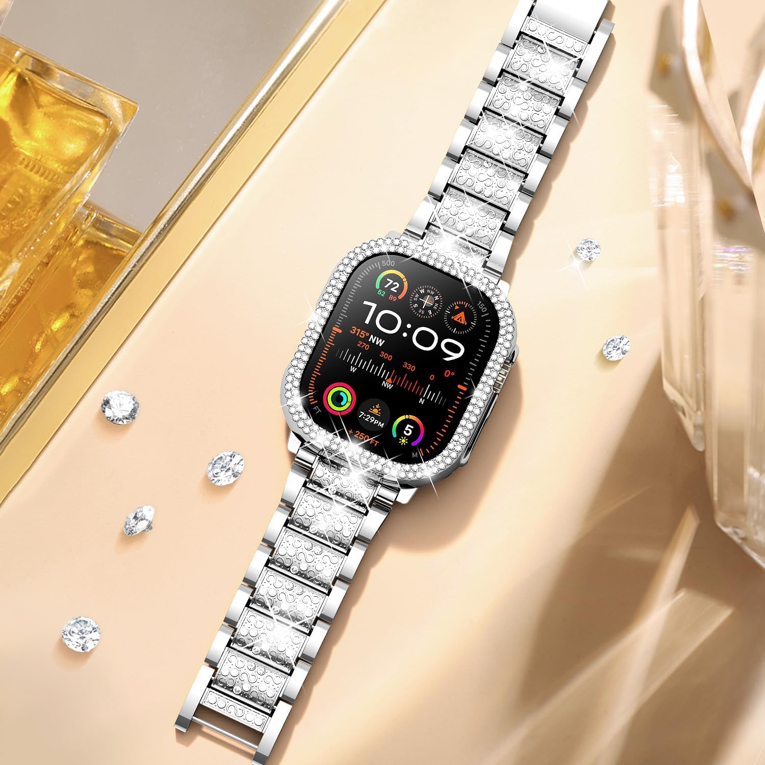 Mosonio Compatible with Apple Watch Band 38mm 40mm 41mm 42mm 44mm 45mm 46mm 49mm with 2 Pack Case Women, Jewelry Replacement Metal Bands Strap with Bling PC Protective Case for iWatch Ultra SE Series 11/10/9/8/7/6/5/4/3/2/1