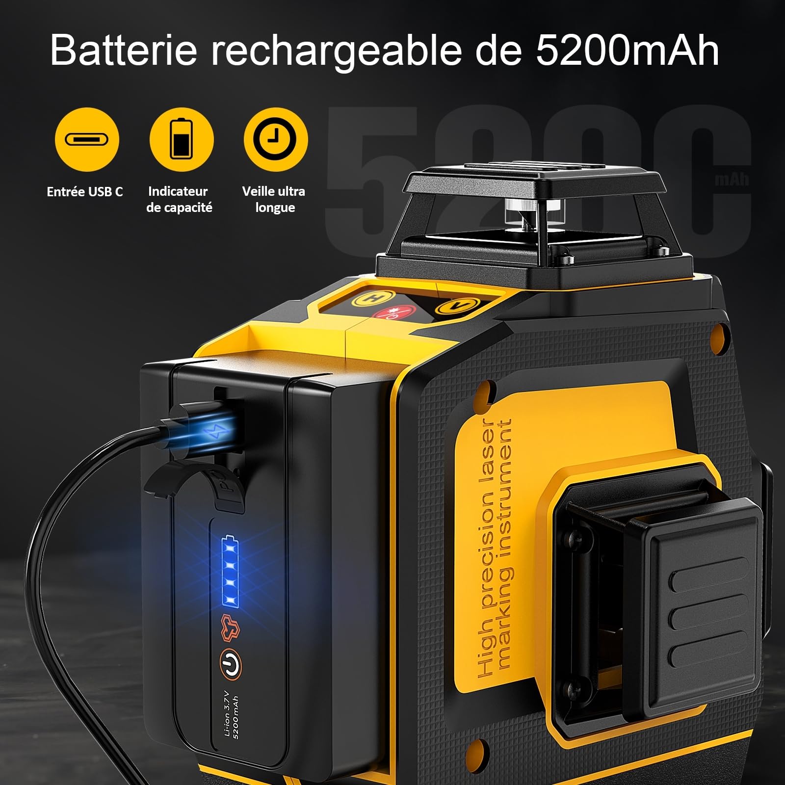 Niveau Laser Chantier Autonivelant 3x360°(jusqu'à 37 h), Niveau Laser Professionnel 3D 12 Fils, Lazer Niveaux 360 Autonivelant, Luminosité Réglable, Télécommande, Batterie Rechargeable