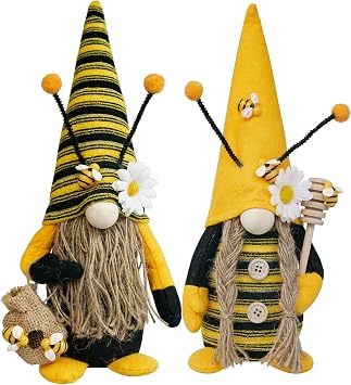 Bumble Bee Gnome Plush ، Spring Honeybee Decor ، Mr and Mrs Gnomes Plush Tomte Elf World Bee Day Figurine for Rustic Farmhouse Tiered Tray