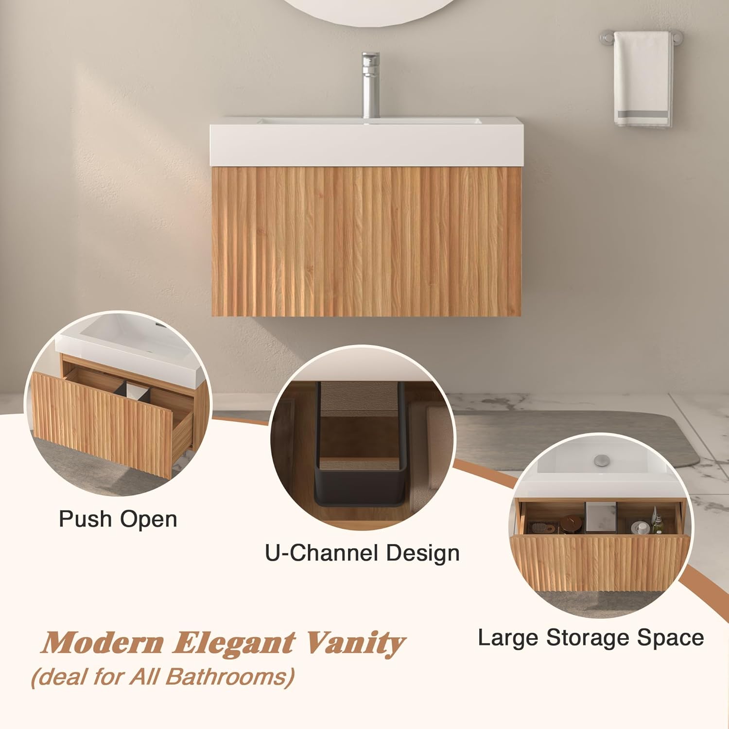 Floating Bathroom Vanity with Sink, Nature Soild Wood Cabinet with Ceramic Basin, Extra Large Storage Drawer & Pre-Assembled Vanities for Bathroom, Powder Room (Nature C Style, 30“)