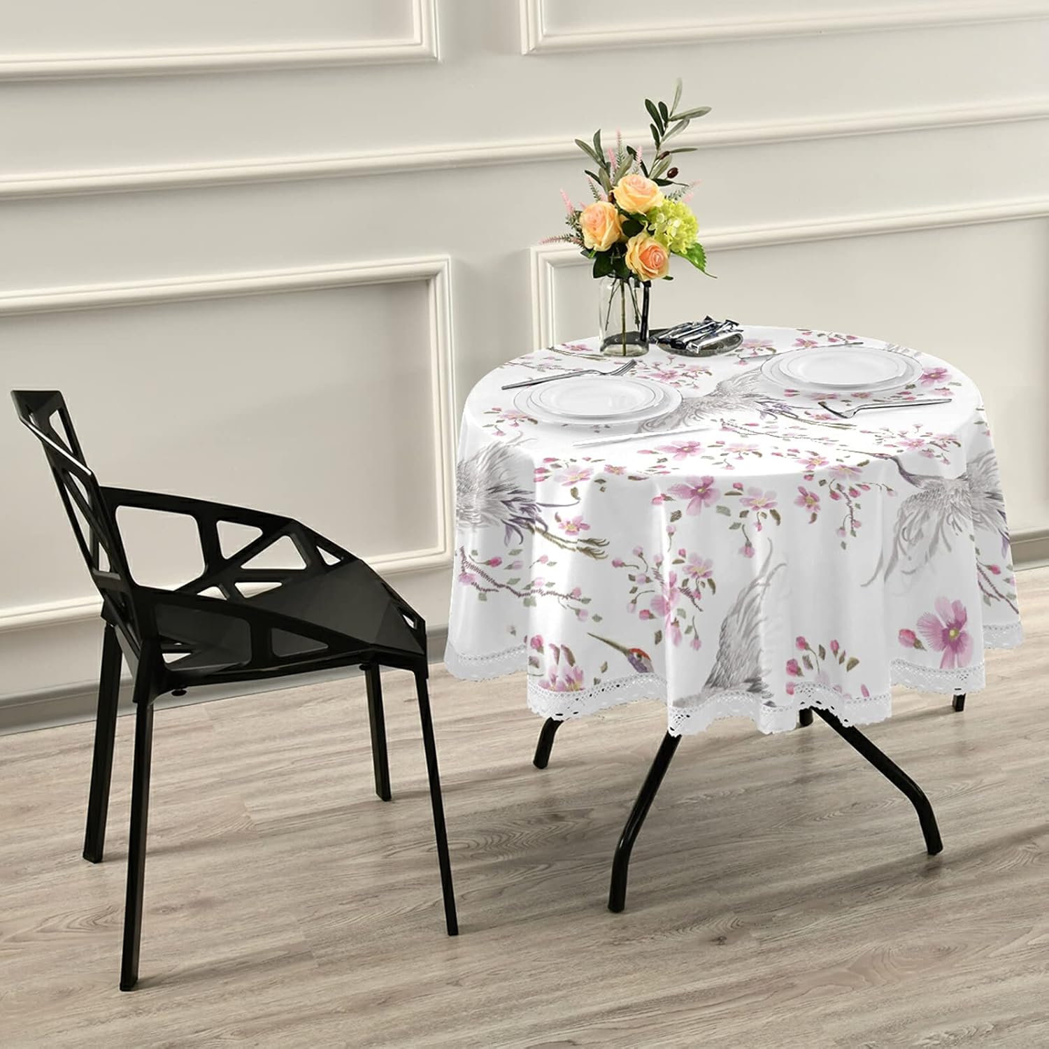 Table Decoration for Party Floral Crane Cherry Blossom Round Table Cloth White Lace Tablecloth 60 Inc