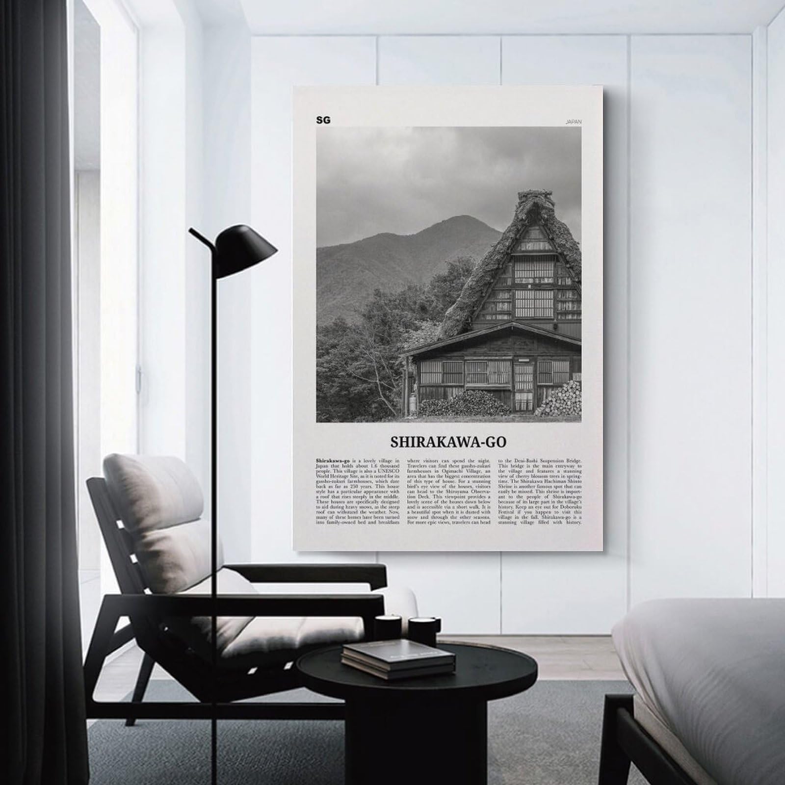 Shirakawa-go Imprimir Blanco y Negro, Shirakawa-go Arte de la Pared, Cartel de Shirakawa-go, Foto de Shirakawa-go decoración de Shirakawa-go Mapa de Shirakawa-go Japón Lienzo WA