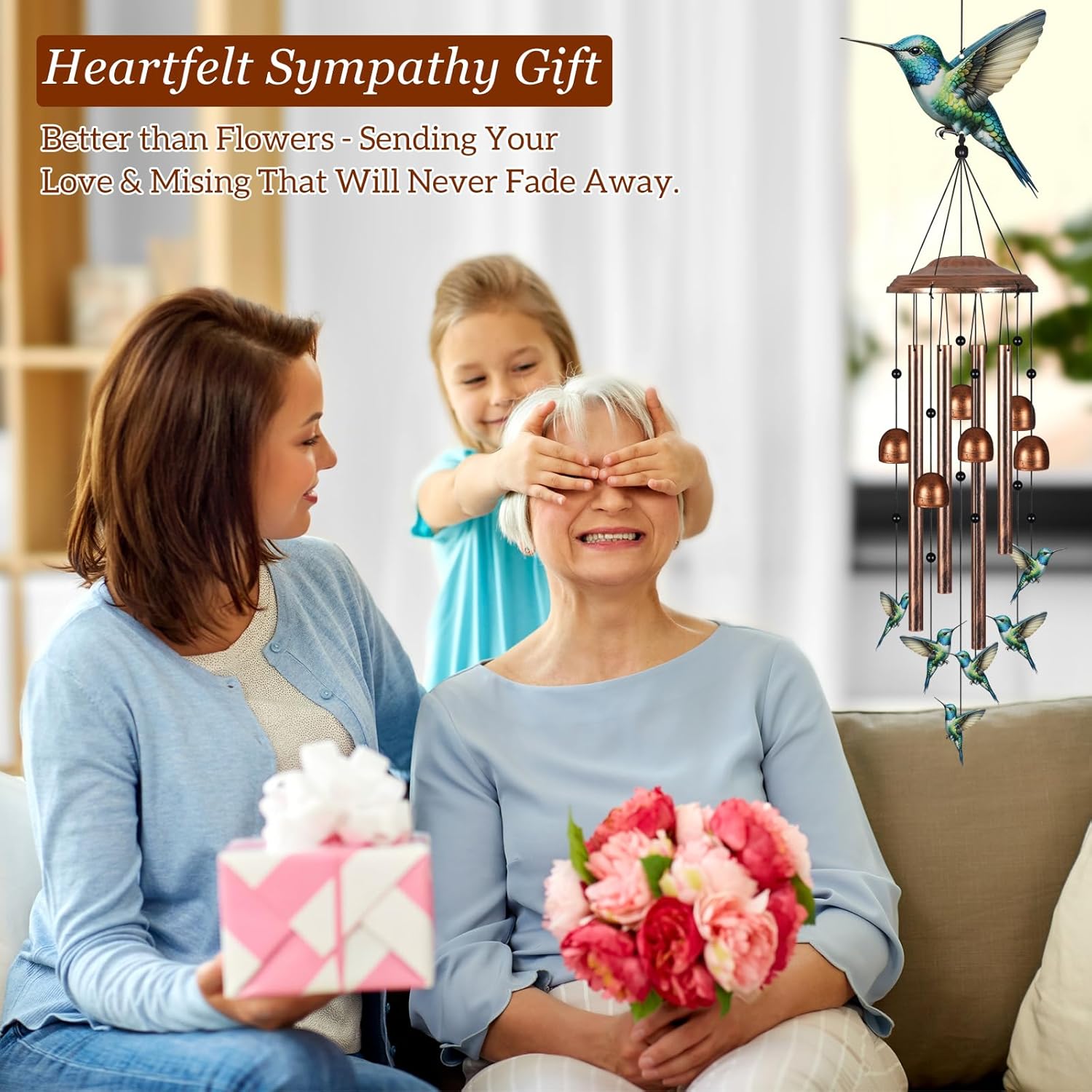 Wind Chimes for Outside, Sympathy Wind Chimes for Outdoors Garden Decor with Natural Sounds, Gifts for Women Mom and Grandma, Indoor Outdoor Decorations for Patio Porch and Backyard(Hummingbird)