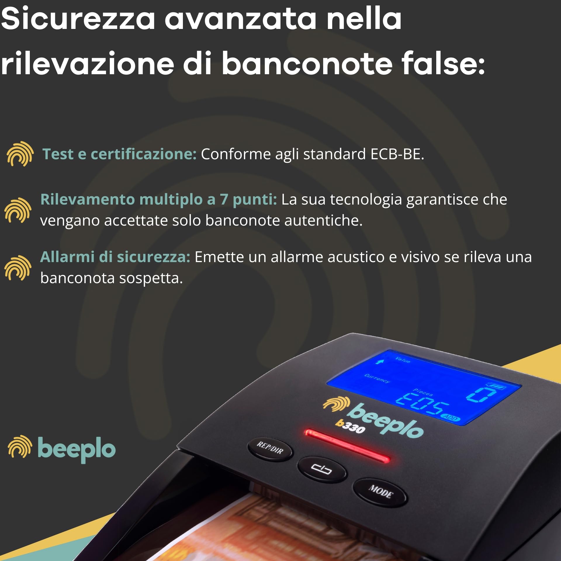 b330 Rivelatore di Banconote False | Detezione 100% Affidabile, Verifica Automatica 5 Valute EUR GBP CHF NOK SEK, Con Batteria + Cavo Aggiornamento