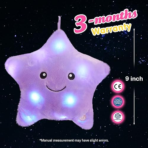 Miniatura 2 de WEWILL Almohada de felpa suave con luces LED centelleantes de 9 pulgadas, con luces nocturnas coloridas, cumpleaños para niños pequeños (morado)