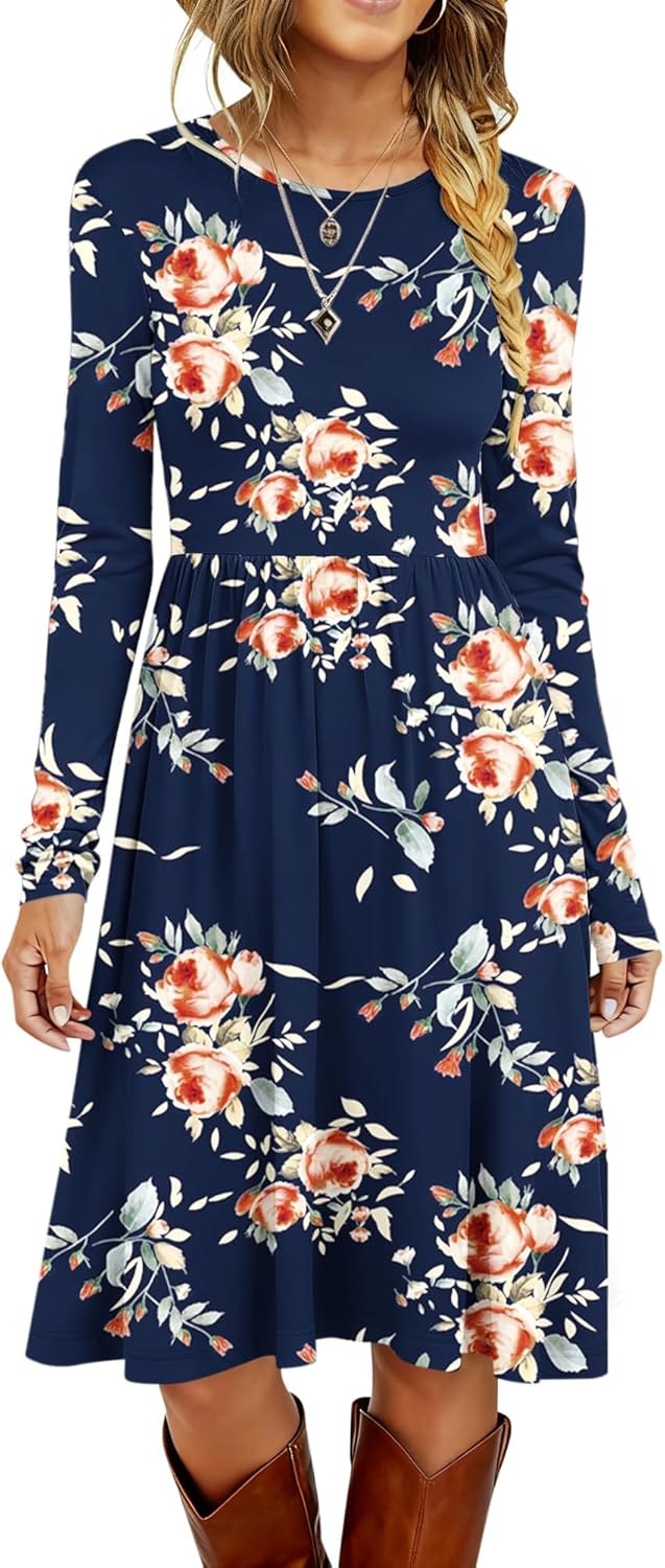 MISFAY Women's Long Sleeve Midi Dress Loose Casual Empire Waist Dresses with Pockets(Rose Navy Blue,M)