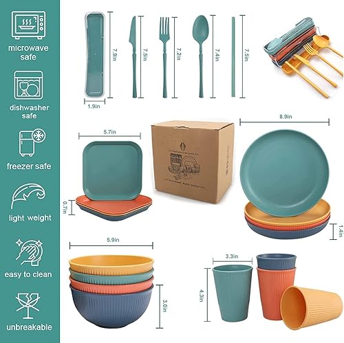 Miniatura 2 de Wheat Straw Dinnerware Sets (48Pcs) Reusable Dishware Sets with Plates, Cups, Knives, Forks and Spoons,Lightweight Camping Dishes,Dishwasher