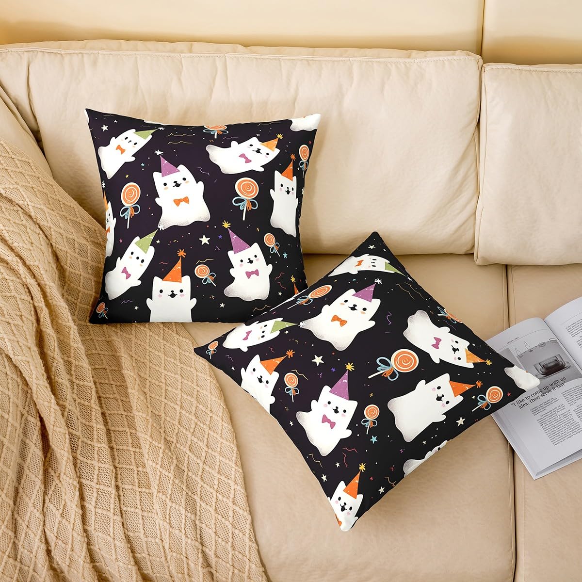 Kawaii Ghost Pillow Cover 22x22 Inch Happy Halloween Theme Hippie Cushion Case for Kids Boys Girls Teens Cartoon Candy Colorful Stars Graffiti Cushion Cover for Party Bedroom