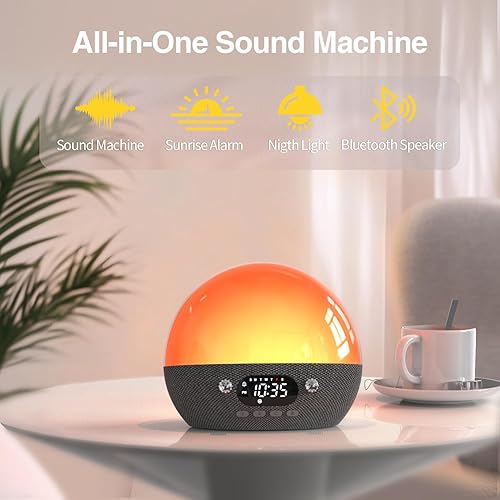 Miniatura 8 de Reloj despertador Sunrise con estación de carga inalámbrica, máquina de sonido con altavoz Bluetooth, 15 máquinas de ruido blanco y lámpara de mesa