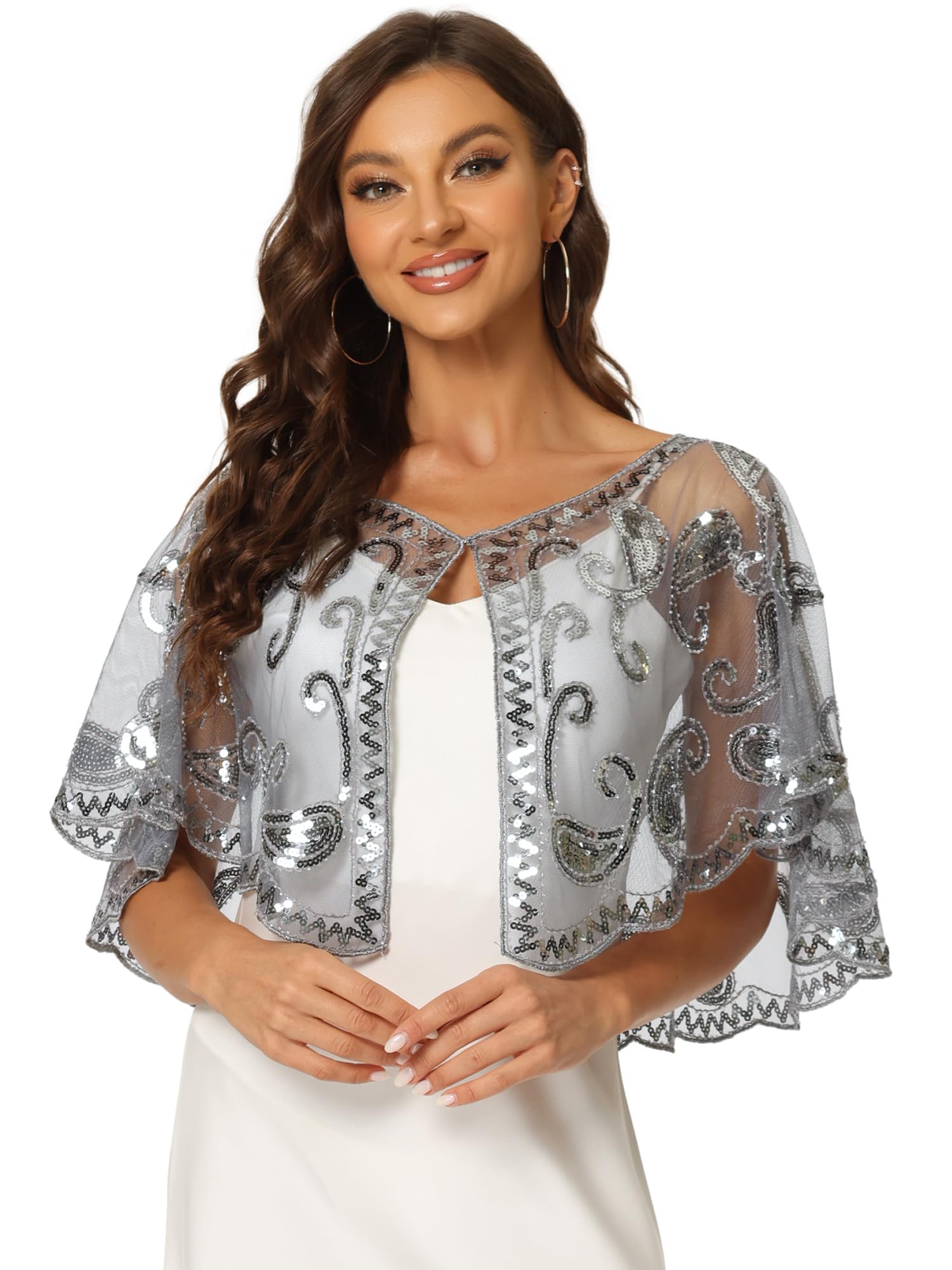Allegra K Women's 1920s Shawl Wraps Sequin Beaded Bridal Cover Up Evening Cape Flapper Bolero Medium Gray