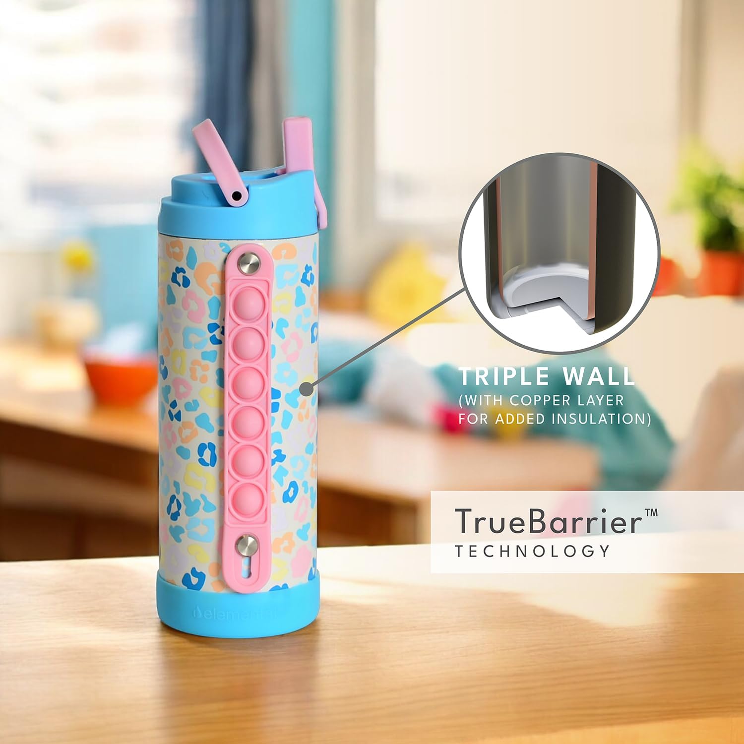 Elemental Iconic Kids Water Bottle for School - 100% Leak-Proof Insulated Water Bottles with Straw Lid & Pop-It Handle for Boys & Girls - Triple-Wall Insulated & BPA-Free, 14oz – Pastel Leopard - Image 4