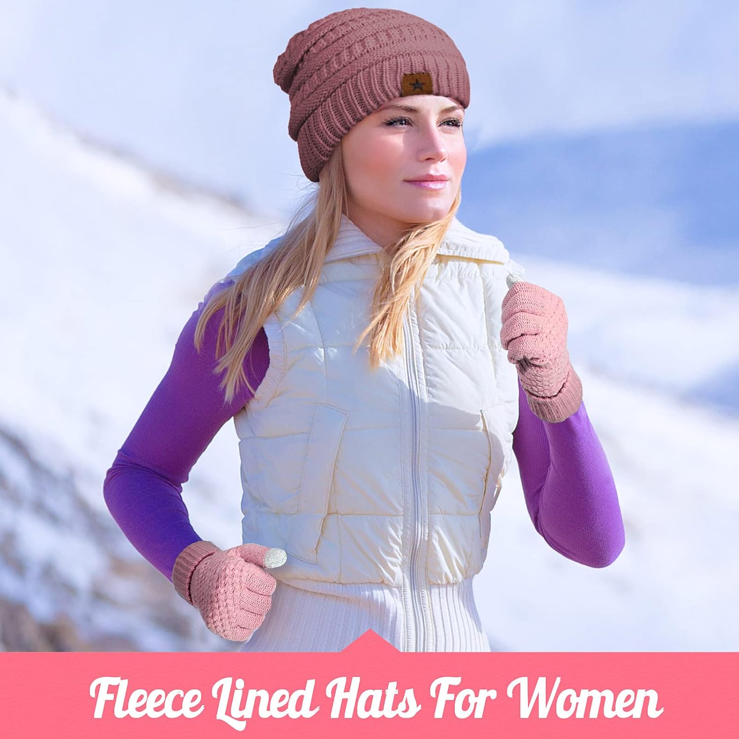 4 Pcs Winter Hat and Gloves for Women Fleece Lined Knit Beanie Touchscreen Gloves Warm Skull Hat Set for Cold Weather(Pink, Black) - Image 7