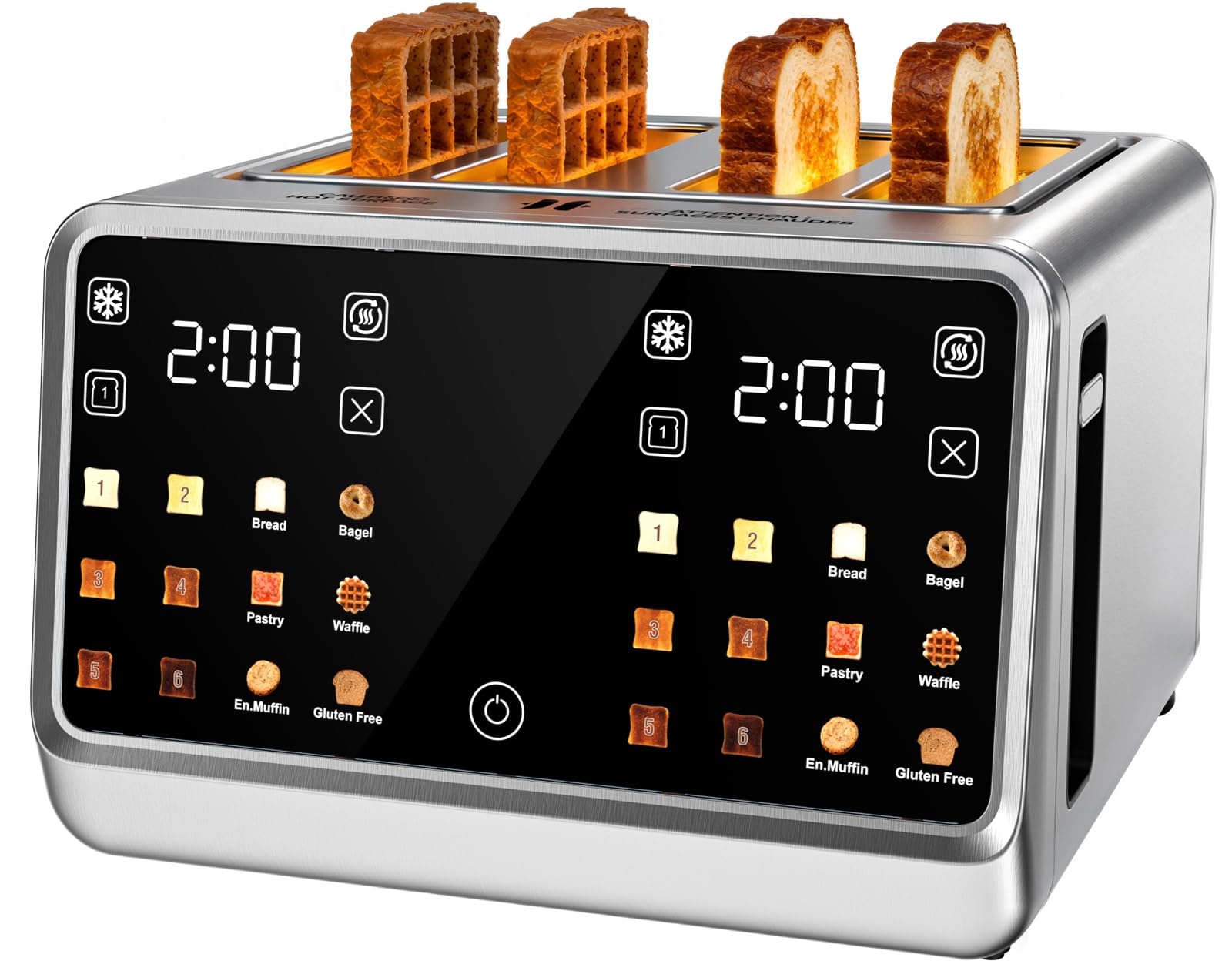 4 Slice Toaster– Dual Digital Smart TouchScreen & Independent Control Panel | Single-Slot Tech, Timer/Reheat/Defrost for Bagels, Bread | 1800W Stainless Steel, 6 Toast Types & Shade Settings