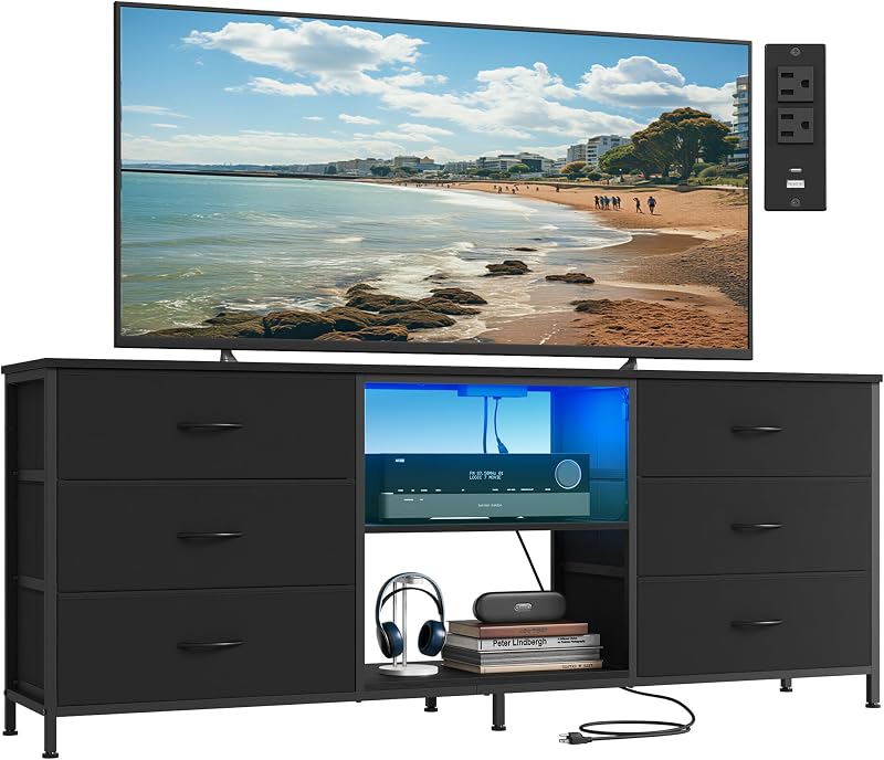 SONGMICS TV Stand for TVs Up to 70 Inches, 6 Fabric Drawers, 2 Shelves
