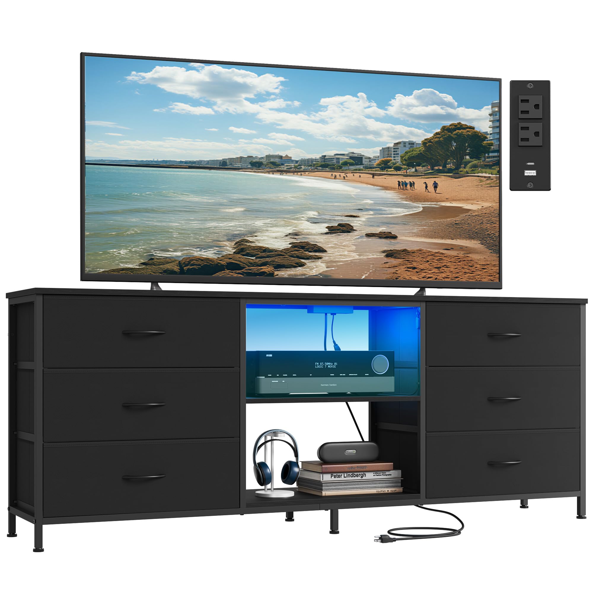 songmics bellah collection - tv stand for tvs up to 70 inches, dresser for bedroom, living room, chest of drawers, steel, 6 drawers and 2 shelves, modern, ink black ulgs232b101s