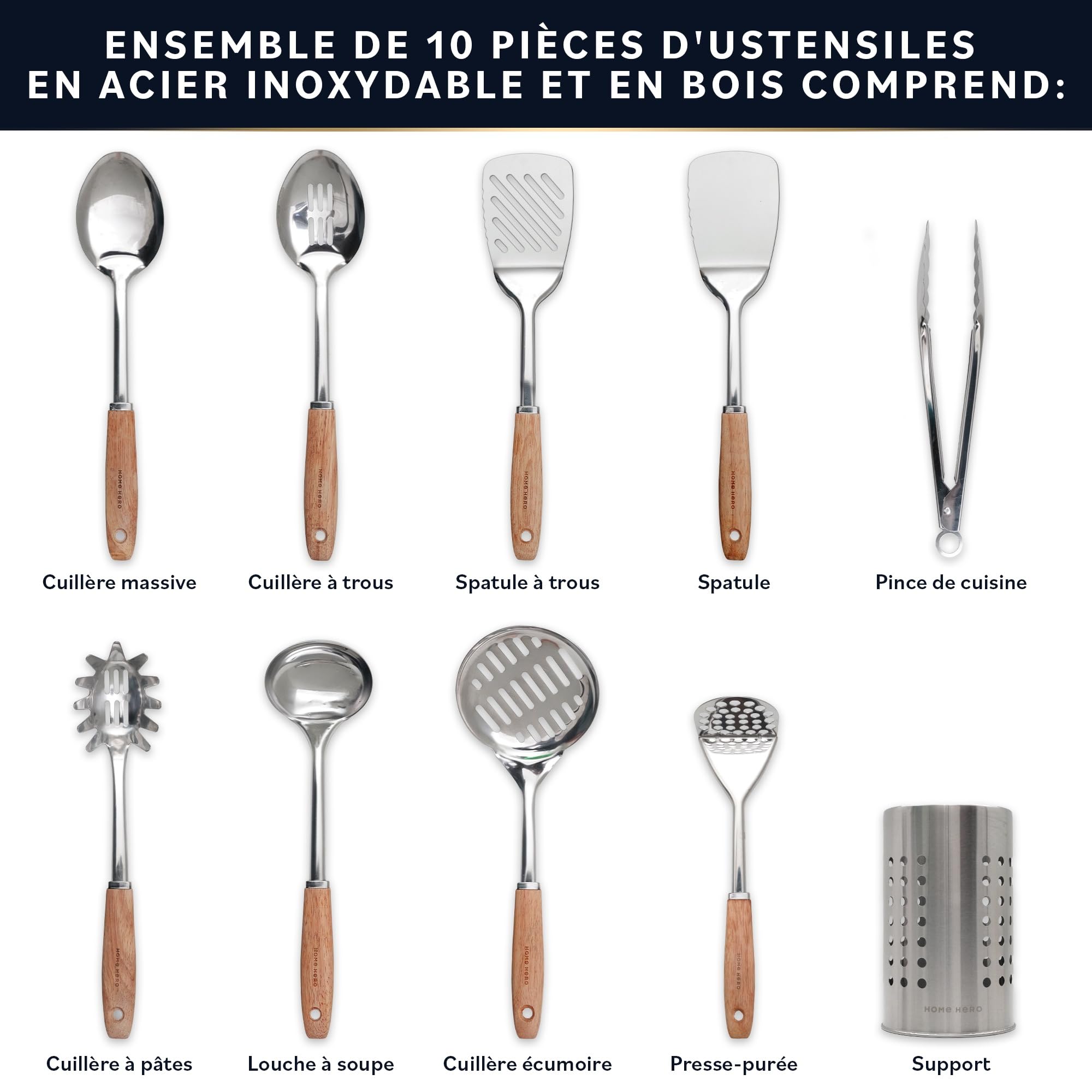 Home Hero Ensemble d'ustensiles de cuisine en acier inoxydable - Ustensiles et aides de cuisine en métal résistants à la chaleur et durables (10 pcs - Bois et Argent)
