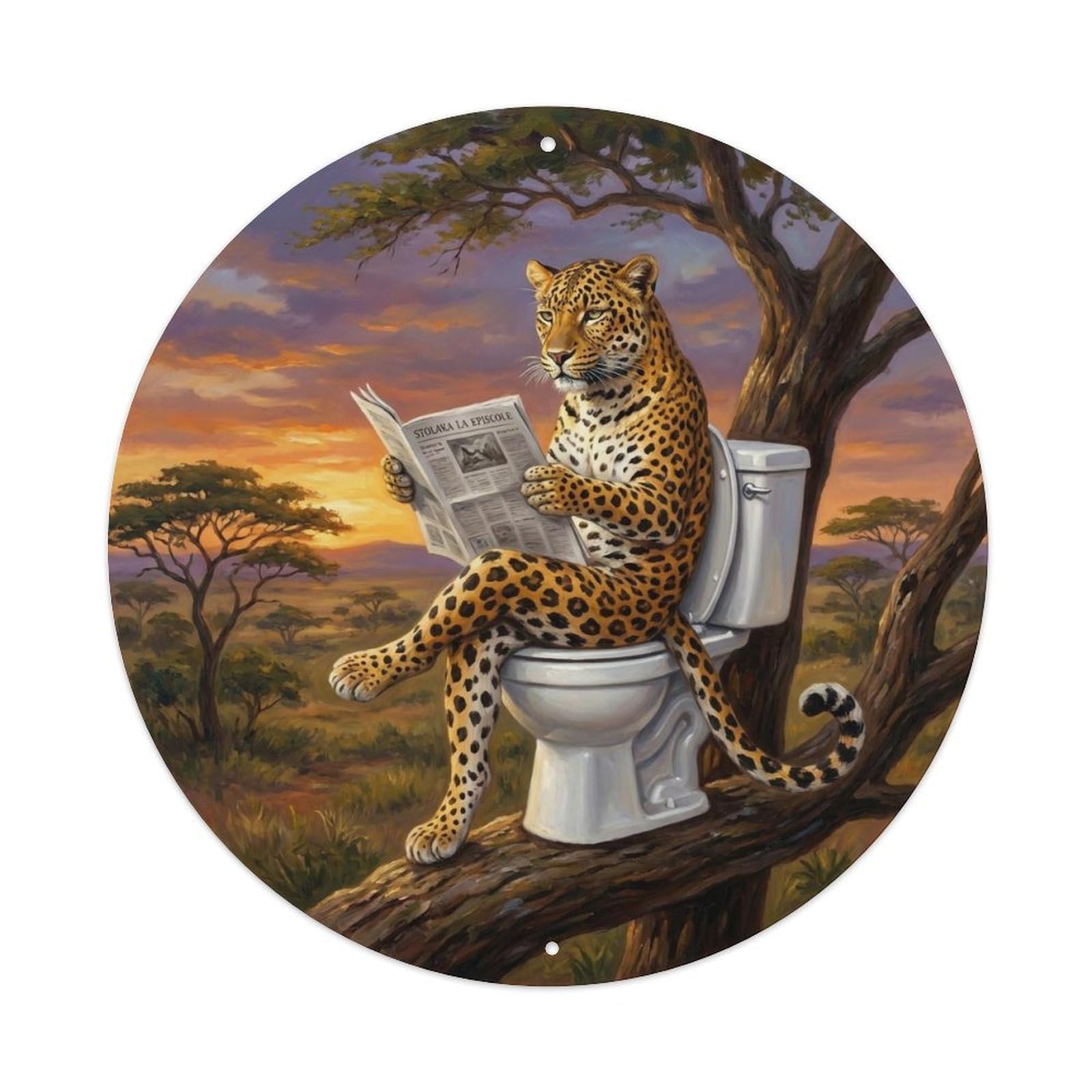 Leopard On Toilet Humorous Bathroom Savanna Dusk Tree Metal Tin Sign