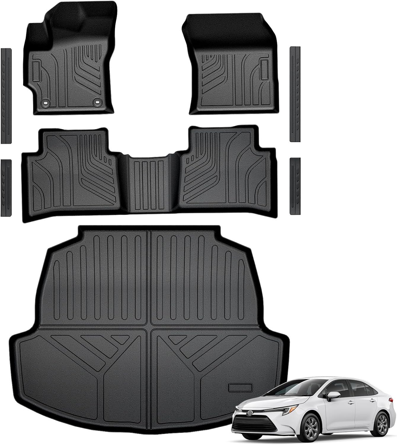 Floor Mats for Toyota Corolla 2020-2026, All Weather Floor Mats Trunk Cargo Liner and Door Sill Guards Accessories, Full Coverage Set (Fit Sedan Models)