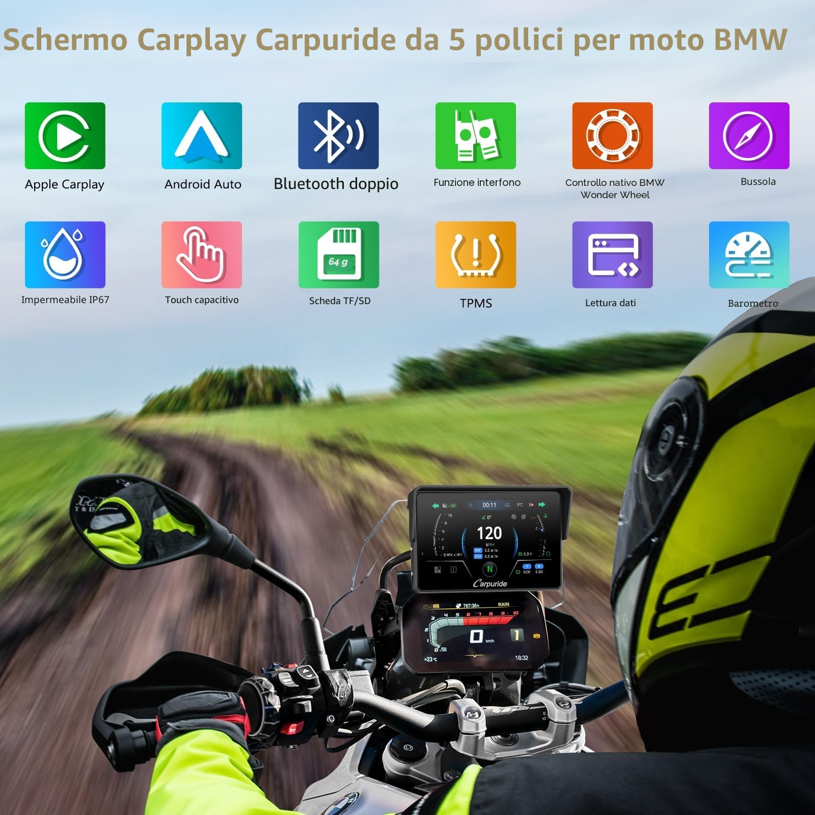 CARPURIDE W502BS Pro per Moto BMW CarPlay e Android Auto, Doppio Bluetooth, Schermo di Navigazione Impermeabile da 5 Pollici, Lettura dati, Native Wonder, TPMS, Sensore di luce, Condivisione di Musica