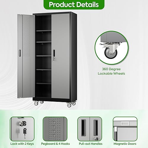 Miniatura 136 de Armario de almacenamiento de metal con tablero de clavijas de 31.5 x 31.5 x 16.5 pulgadas, armario de almacenamiento de acero con cerradura con 5