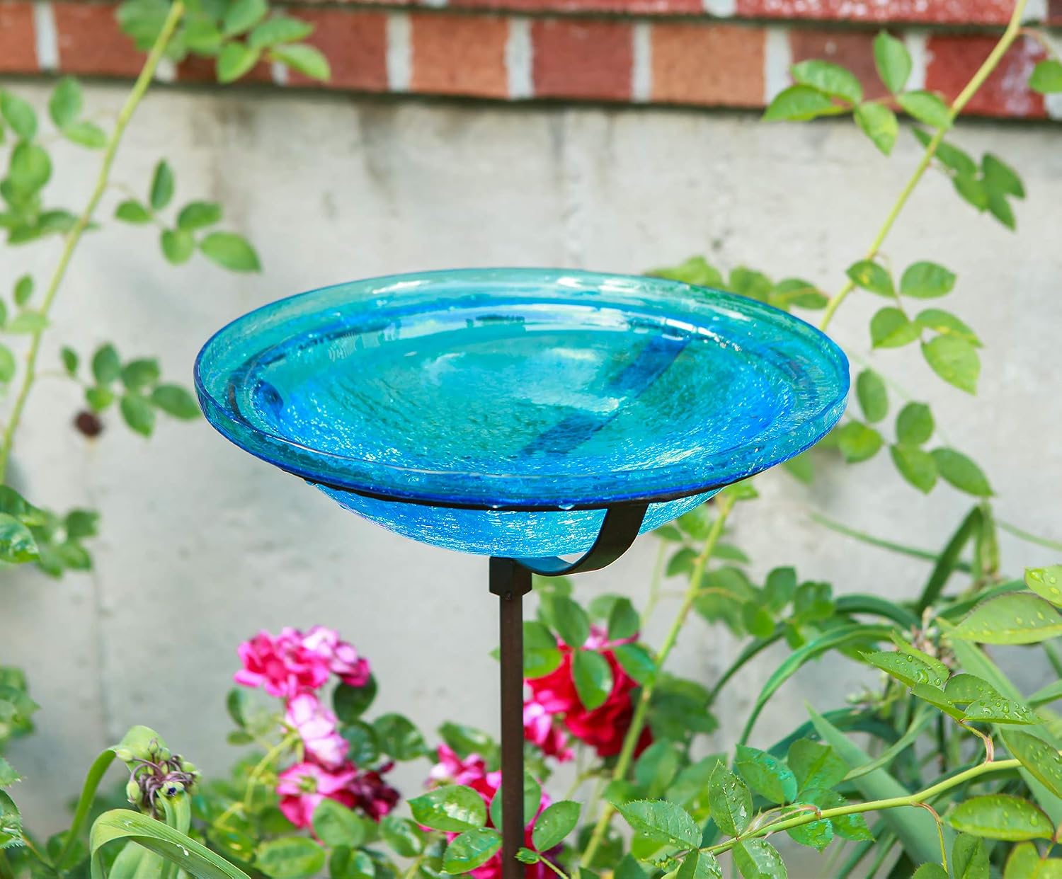 Achla Designs Crackle Glass Birdbath Bowl with Stake, 12-in, Teal