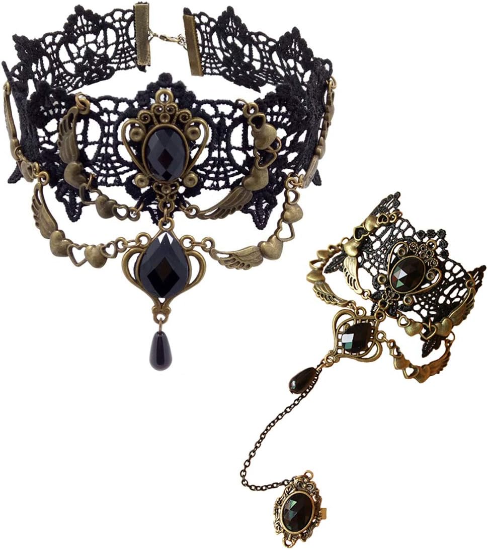 YounikerChoker Necklace for Women Gothic Black Lace Necklace Halloween Steampunk Costume Party Punk Vintage Princess Lolita Victorian Choker Pendant Vampire Chain
