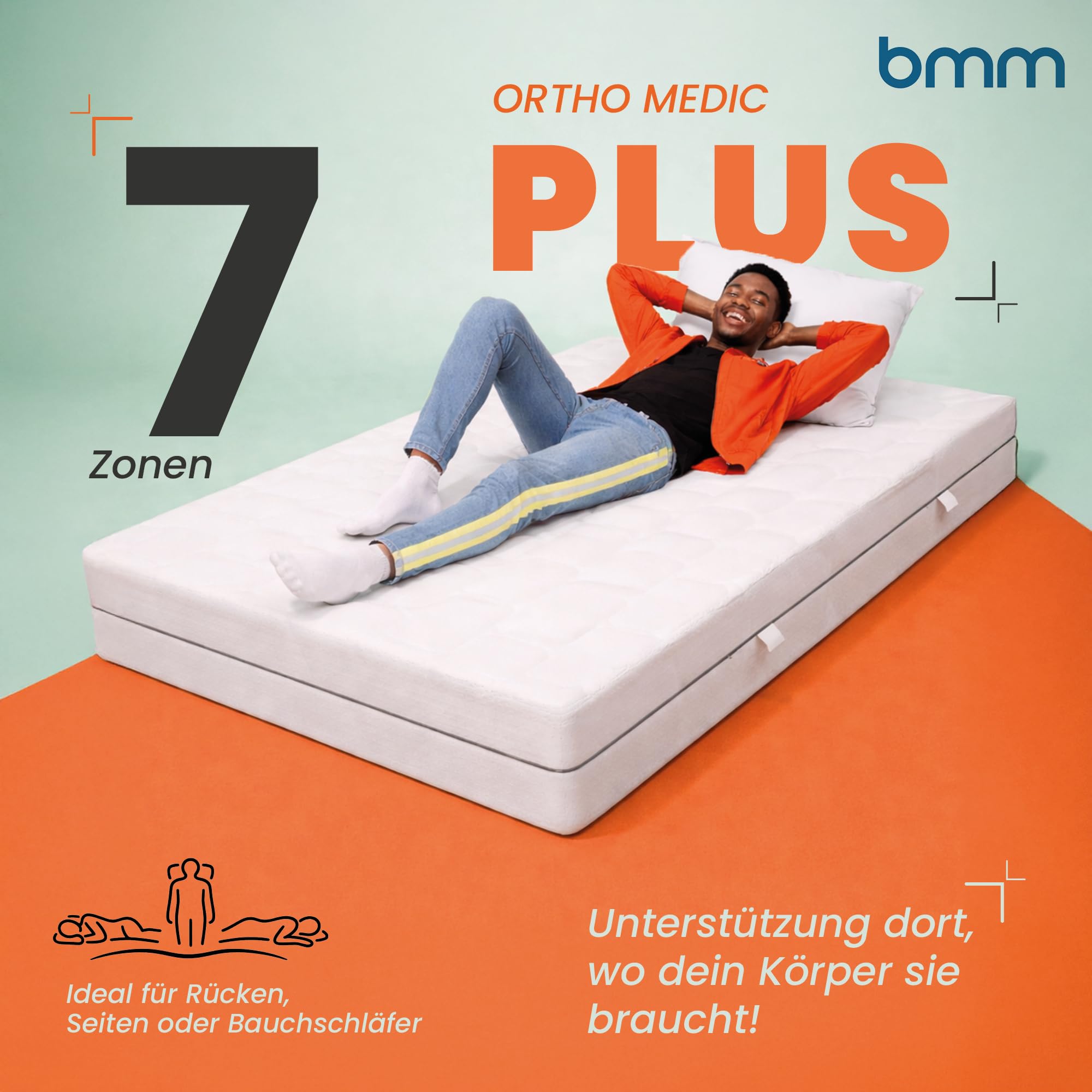 BMM Taschenfederkernmatratze Ortho Medic Plus 100x200 cm H3 25 cm 7-Zonen | Taschenfederkern mit 7 Liegezonen und 25 cm Höhe passt sich Ihrem Körper an und fördert eine natürliche Liegeposition.