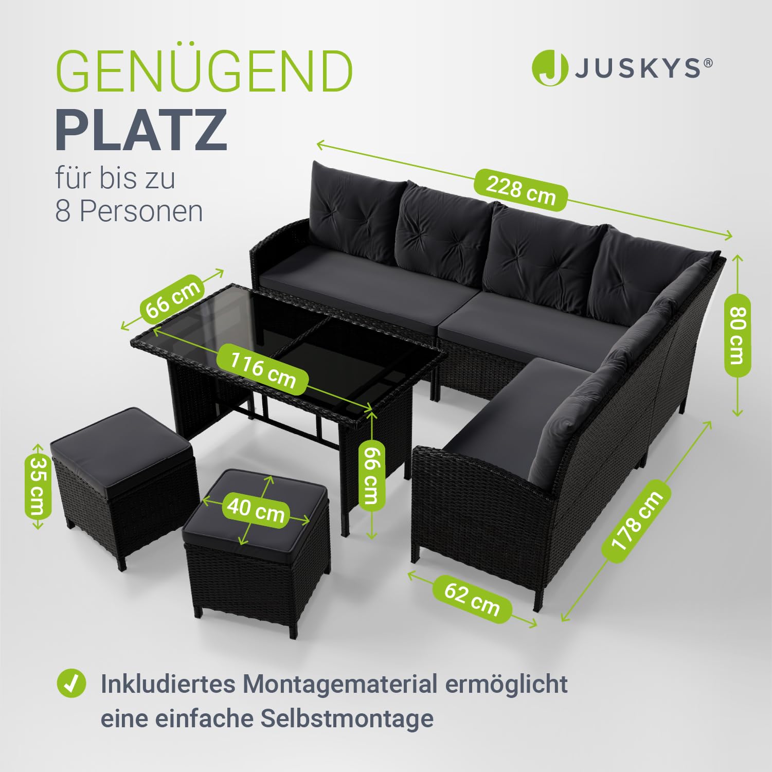 Juskys Polyrattan Lounge Manacor mit Ecksofa, Esstisch, 2 Hocker & Kissen - wetterfest bis 7 Personen - Bezüge waschbar - Rattan Garten Sitzgruppe Gartenlounge Gartenmöbel Set - Schwarz/Grau